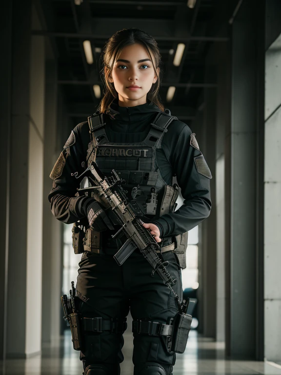 ((best quality)), ((masterpiece)), (detailed), beautiful lighting, best quality, realistic, full body portrait, real picture, intricate details, depth of field, 1girl, A very muscular solider girl with long haircut, around 20 years old wearing a black uniform holding a gun in the hallway, wearing Swat tactical gear, photography of a techwear woman, dressed in Swat tactical armor, black Swat tactical gear, Tactical vest and holster, wearing techwear and armor, Beautiful Female Soldier, Holding a rifle, closeup portrait shot, Have an MP7, holding rifle, special forces security, airsoft cqb, highly-detailed, perfect face, blue eyes, lips, wide hips, small waist, tall, make up, Fujifilm XT3, outdoors, bright day, Beautiful lighting, RAW photo, 8k UHD, film grain, ((bokeh))