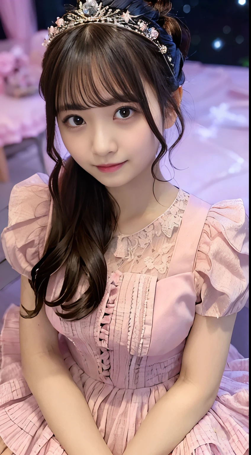 best quality, masterpiece, extremely cute and tender girl, (solo:1.2), (pink detailed princess dress with many frills:1.3), beautiful tender eyes symmetrical, (beautiful and detailed face), (beautiful black hair, topknot), blunt bangs, smile, palace garden
BREAK
“The Princess of the Night Sky” is of a princess who shines like a single star in the dark night. She rules the night sky, and the stars reflect her beauty. Her presence illuminates the silence of the night, bringing a light of hope.