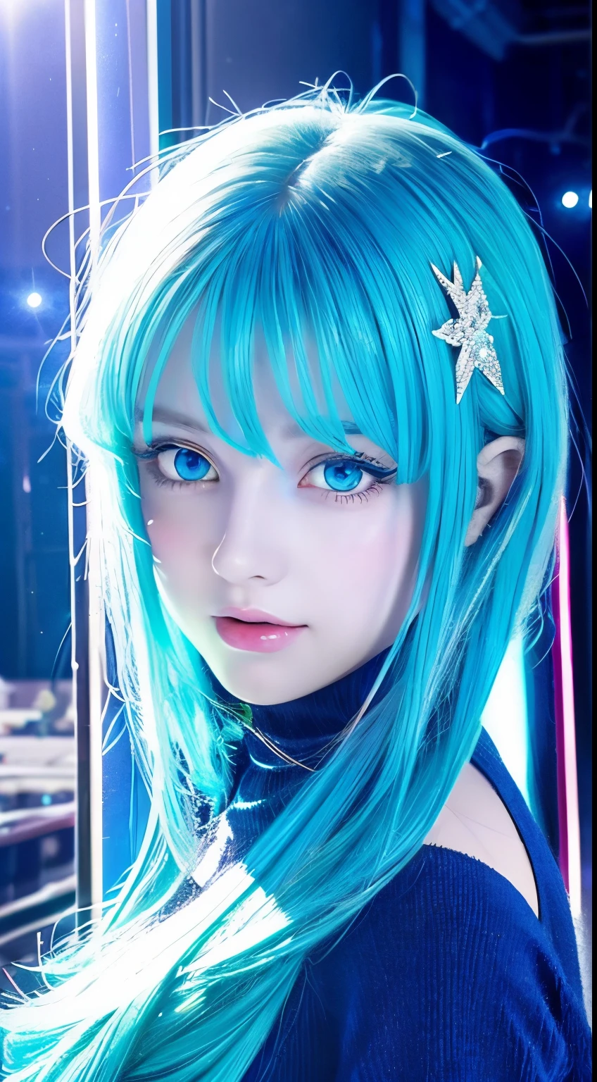 A close up of a person with blue hair and a star brooch - SeaArt AI