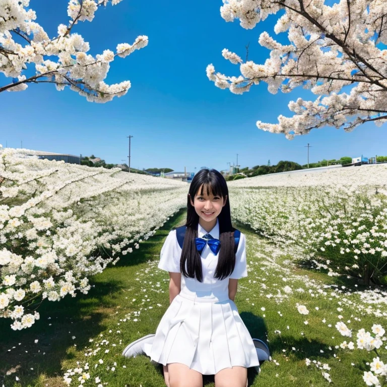 A Japanese high school girl kneels in a place where white flowers are in full bloom.。blue-sky。The ground is full of water。