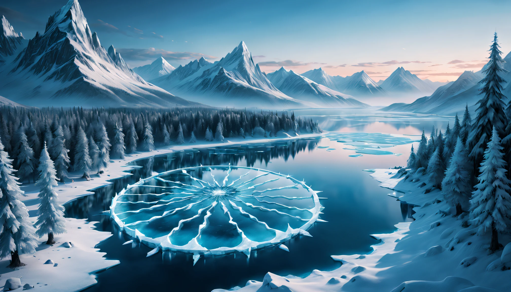 A cold night,Winter wonderland,Frozen lake,Glowing arcs sparkle on the frozen lake,Metal light chain,Detailed snow covered trees and mountains,Fantastic atmosphere,game of thrones style,Poster style,Highly detailed top-down photography,Icy texture,Blue and white color palette,dramatic ligh quality at best,4K,8K,A high resolution,tmasterpiece:1.2),ultra - detailed,actual:1.37.