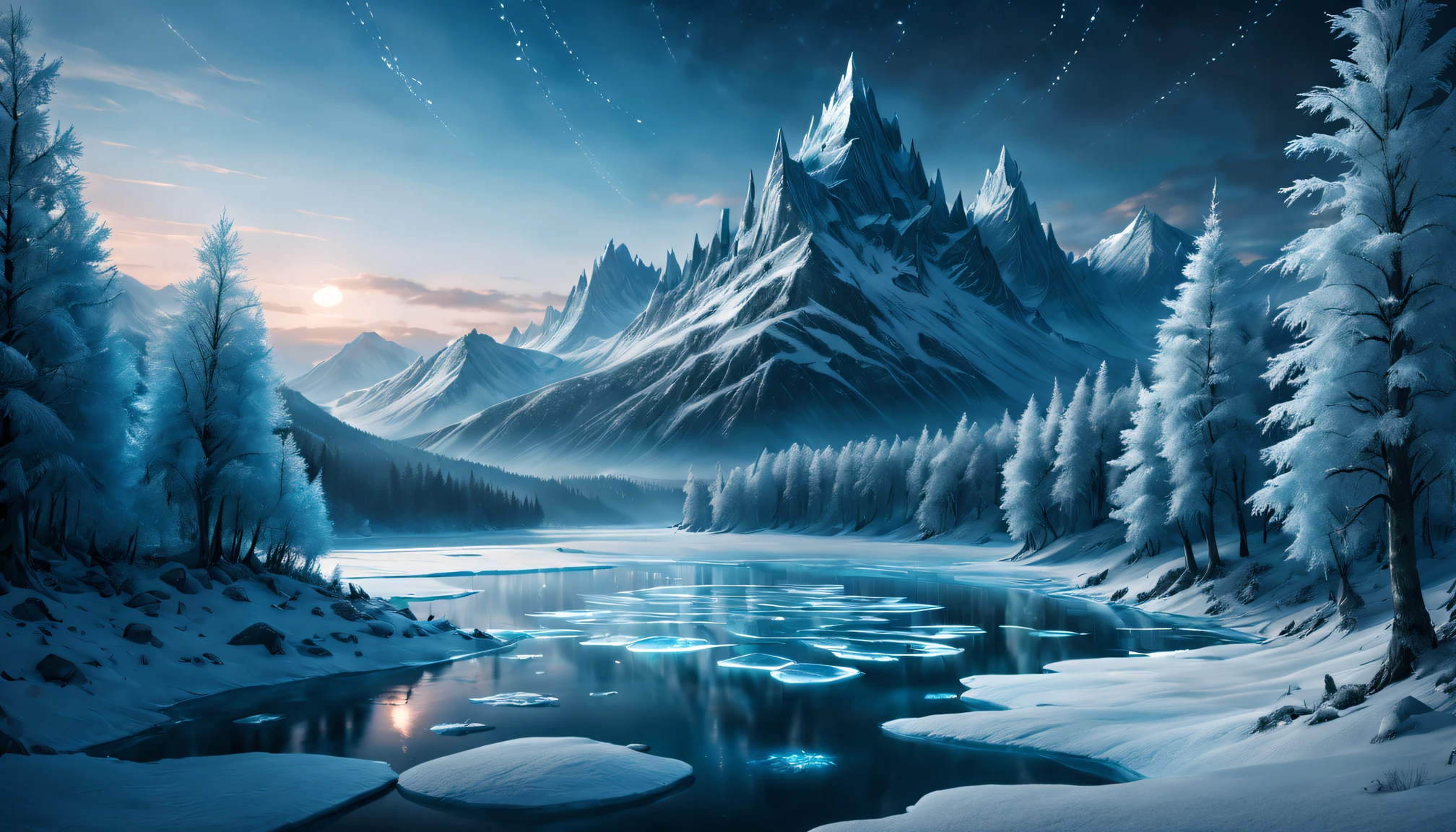 A cold night,Winter wonderland,Frozen lake,Glowing arcs sparkle on the frozen lake,Metal light chain,Detailed snow covered trees and mountains,Fantastic atmosphere,game of thrones style,Poster style,Highly detailed top-down photography,Icy texture,Blue and white color palette,dramatic ligh quality at best,4K,8K,A high resolution,tmasterpiece:1.2),ultra - detailed,actual:1.37.