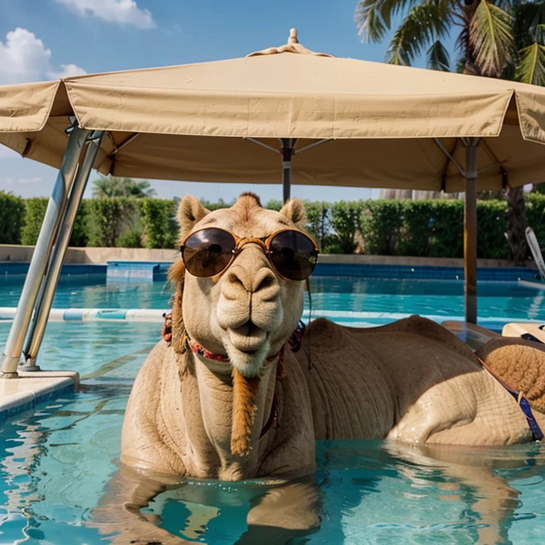 Create an image of a camel lying on a float in a pool, wearing sunglasses and smiling.