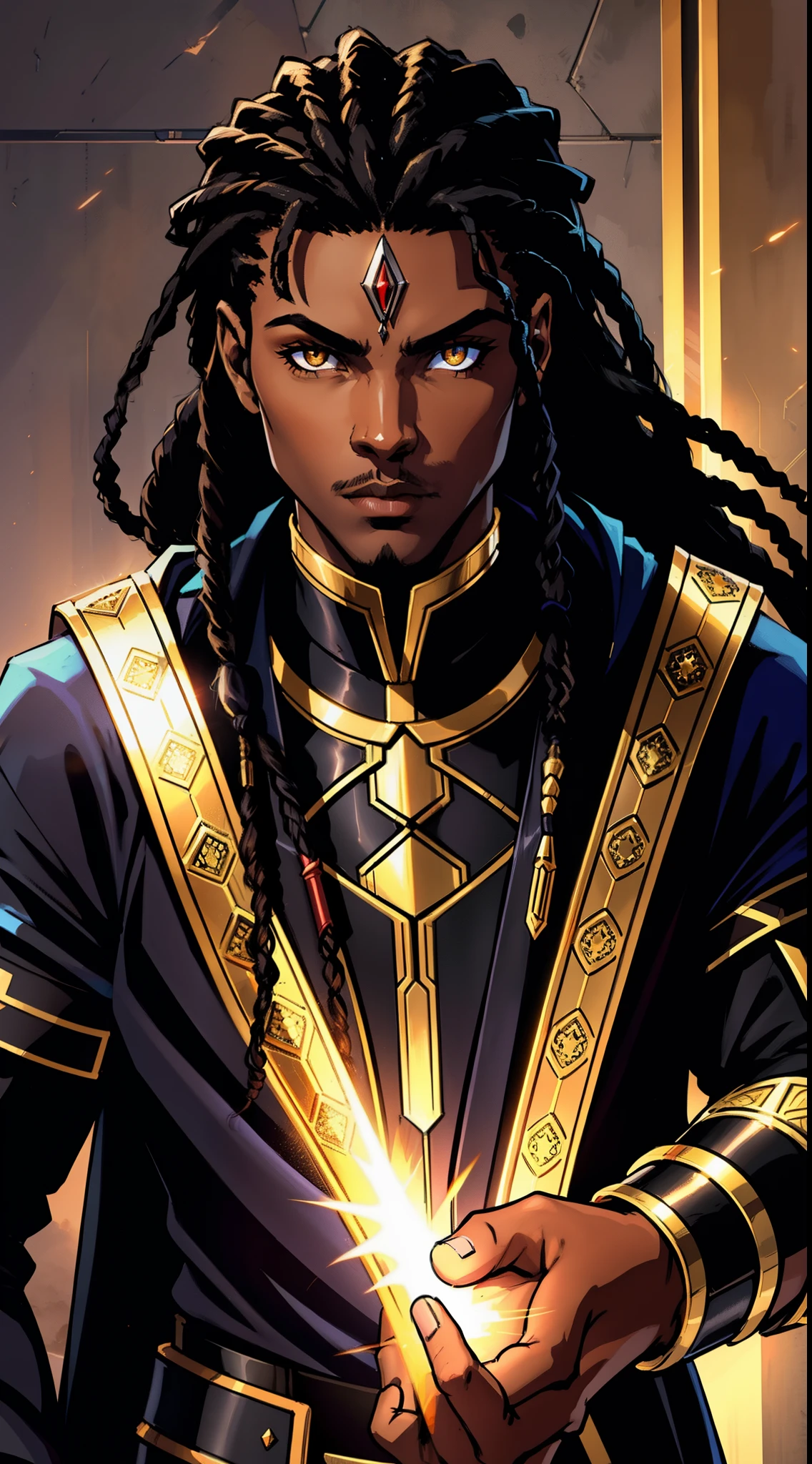 (Concept Art) of an (African-American) male, with dark (black dreadlocks), golden eyes, (prince), (young) assassin, (black) sith robes, (half-demon), Anti-hero), (Mage) assassin, (Sci-fi) fantasy, (close-up shot), perfect composition, hyper-detailed, 8K, high quality, (perfect eyes), trending art, sharp focus, studio photo, intricate details, (action) pose