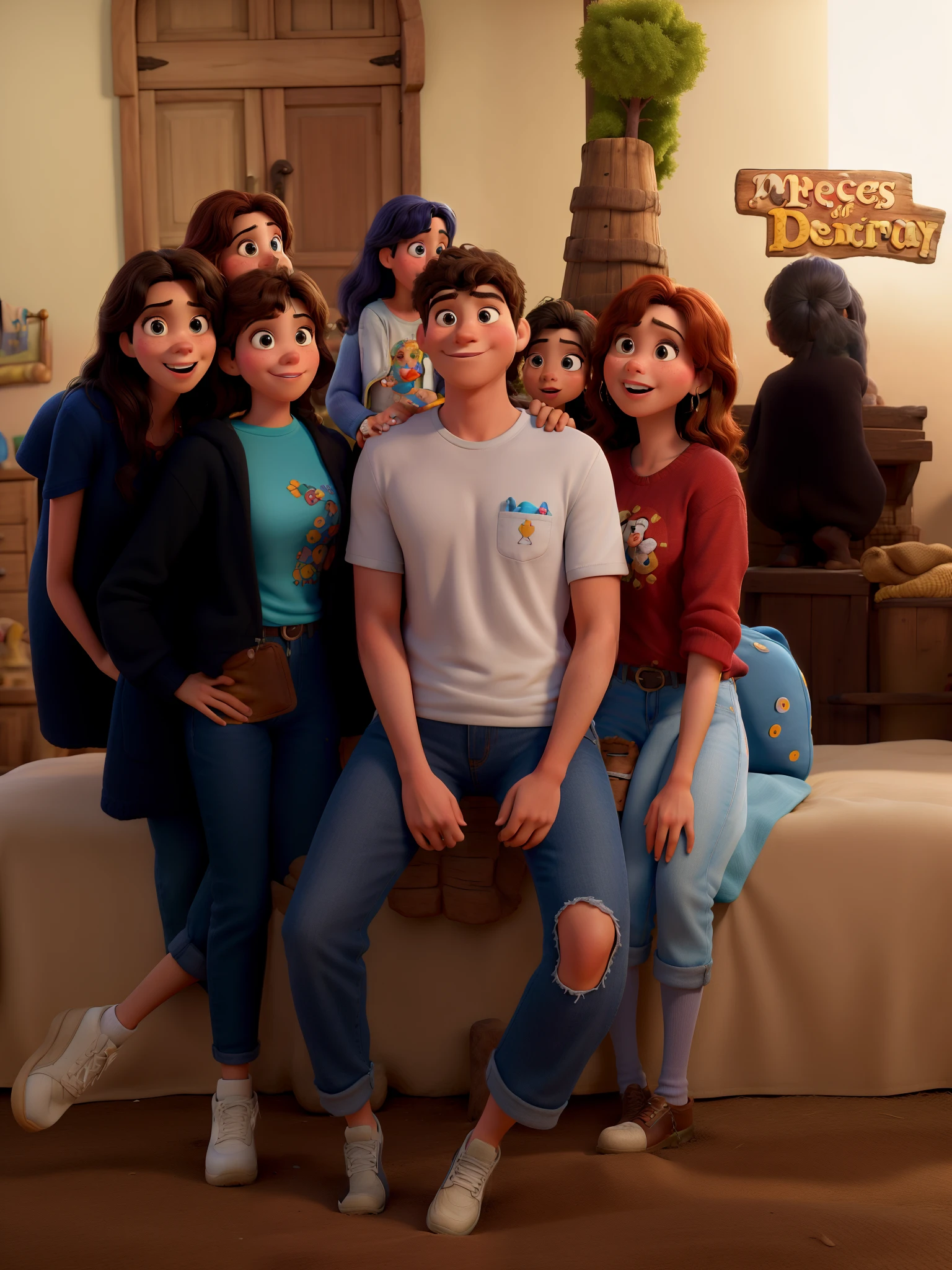 Obra maestra al estilo Disney/Pixar in high quality and high resolution. Tres mujeres y un hombre. La chica de azul mujer, la chica de saco mujer, el chico de remera blanca hombre y la chica de remera roja mujer.