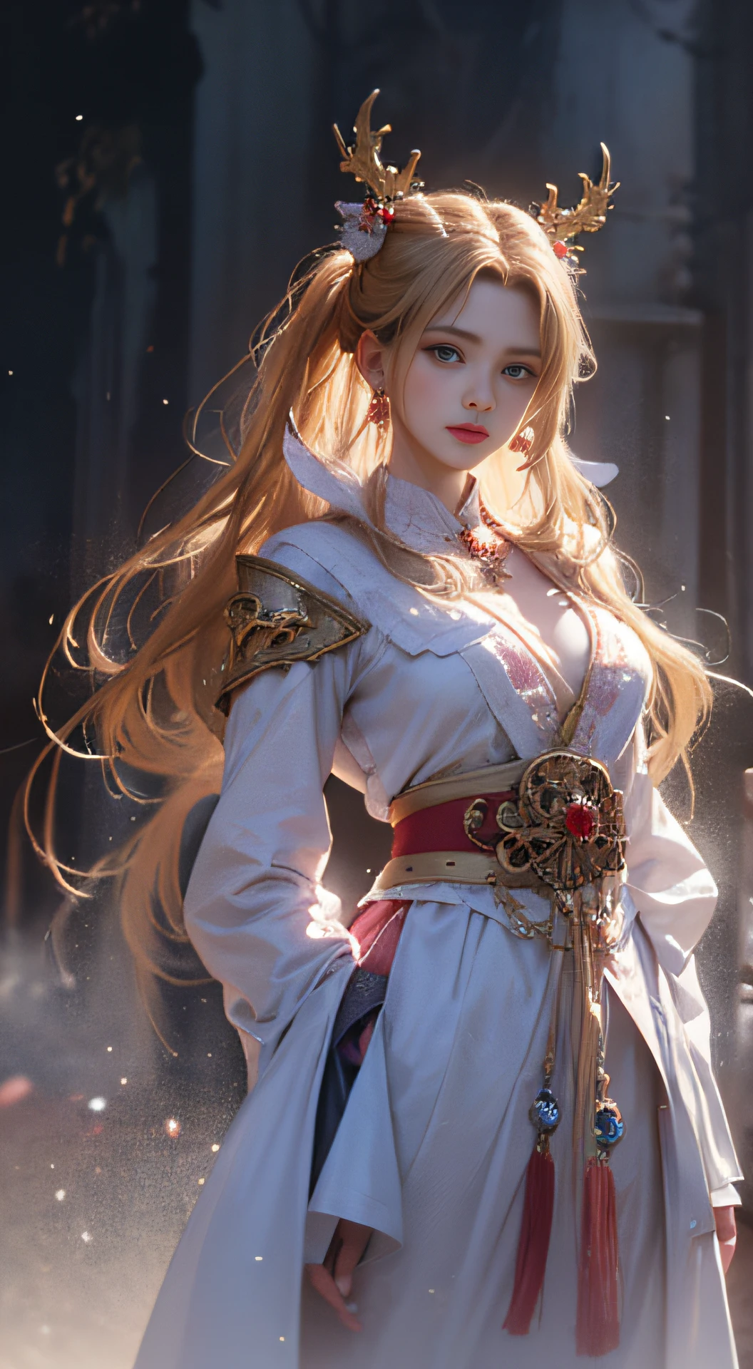 1 Beauty in Hanfu, The white thin purple silk shirt is very textured, white lace top, Purple platinum long ponytail, jewely, ear jewelry, necklace and necklace, meticulously drawn large purple eyes, Be careful with makeup, tthin eyebrows, a tall nose, Beautiful red lips, No smile, Pouting your lips, Red fluttering face, A big heart, , proportionate, Slim waist, Purple fishnet socks, chinese hanfu style, fictional artistic texture, Vibrant colors、realistically, RAW photos, photograph of-realistic, ultra high quality 8k surreal photos, (effective fantasy light effect: 1.8), 10x pixels, magical effect (Background with): 1.8), Ultra-detailed eyes, Full body portrait of a girl , Chinese royal background