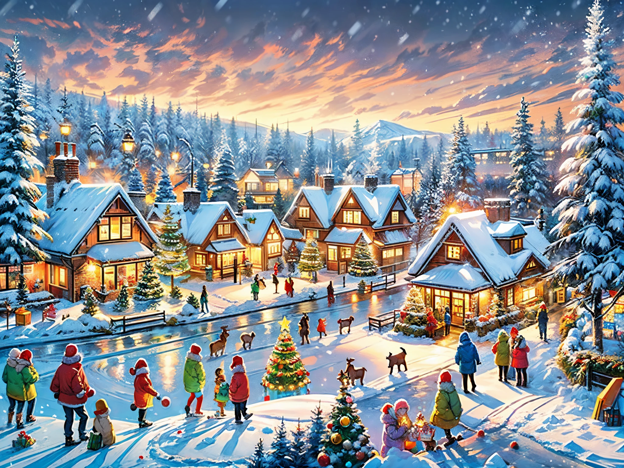 (highres:1.2),(best quality,4k,8k),(vivid colors),(realistic,photorealistic,photo-realistic:1.37),(HDR),(ultra-detailed),(snowy),(nighttime),(magical),(festive),(winter wonderland),(Christmas-themed),(cozy),(smoke rising from chimneys),(beautifully decorated fir trees),(people ice skating on a frozen lake),(well-lit houses with colorful lights),(snow-covered rooftops),(children building snowmen),(soft falling snowflakes),(crisp air),(festive decorations),(traditional Christmas carols playing),(warm glow from windows),(sparkling icicles),(joyful laughter),(snow-covered paths),(festive wreaths),(children happily opening presents),(Santa Claus delivering gifts),(mouthwatering aroma of freshly baked cookies),(family gatherings),(children writing letters to Santa),(crackling fireplaces),(ice sculptures),(glittering snow crystals),(hot cocoa),(delicate snowflakes),(twinkling stars),(shimmering moonlight),(rooftop reindeer silhouettes),(glistening snow-covered landscape),(festive spirit in the air),(warm sweaters and cozy scarves),(friends and family having fun),(peaceful and serene atmosphere)