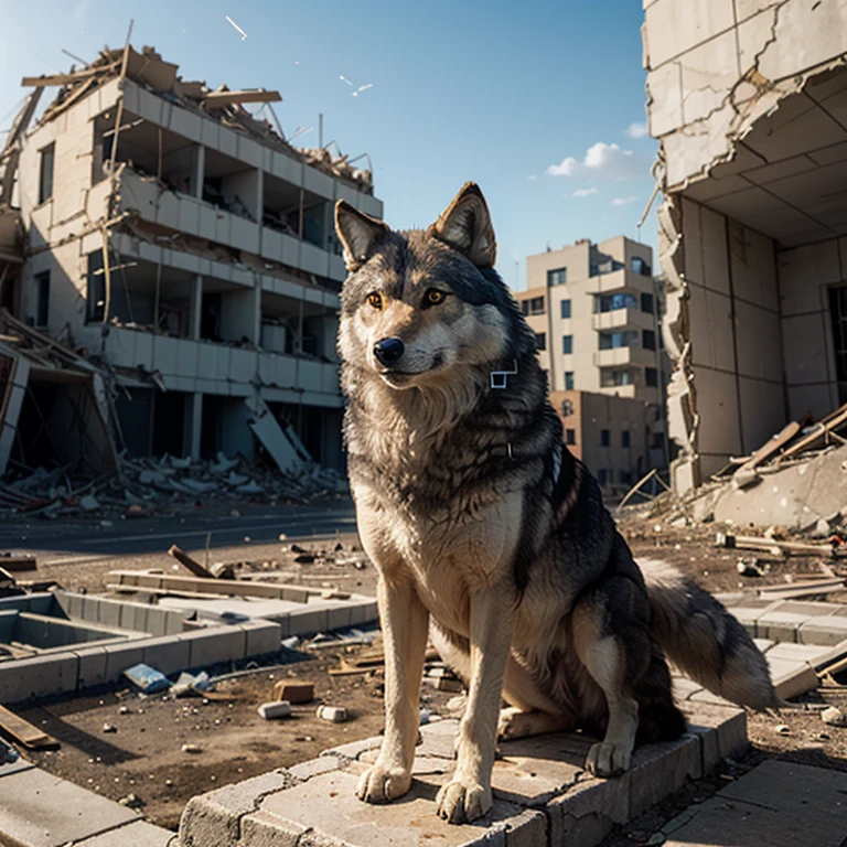 Wolf, anime:1.3, realistic:0.0, building in ruins (in The background), looking at right mirror, in light_spectrum