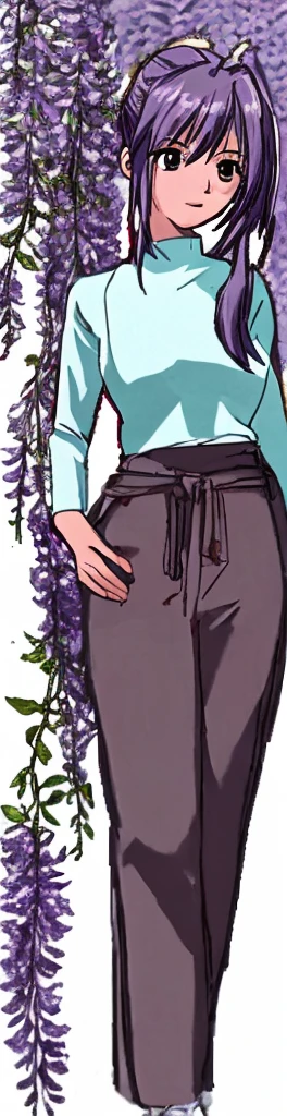 A beautiful woman with wisteria purple hair and long ponytail hair is standing in light blue clothes and light brown pants.。