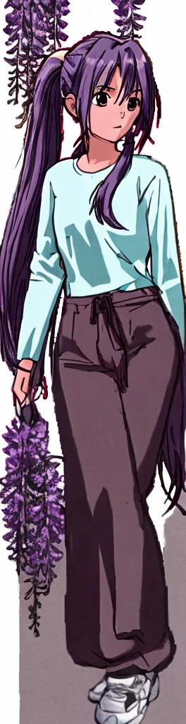 A beautiful woman with wisteria purple hair and long ponytail hair is standing in light blue clothes and light brown pants.。