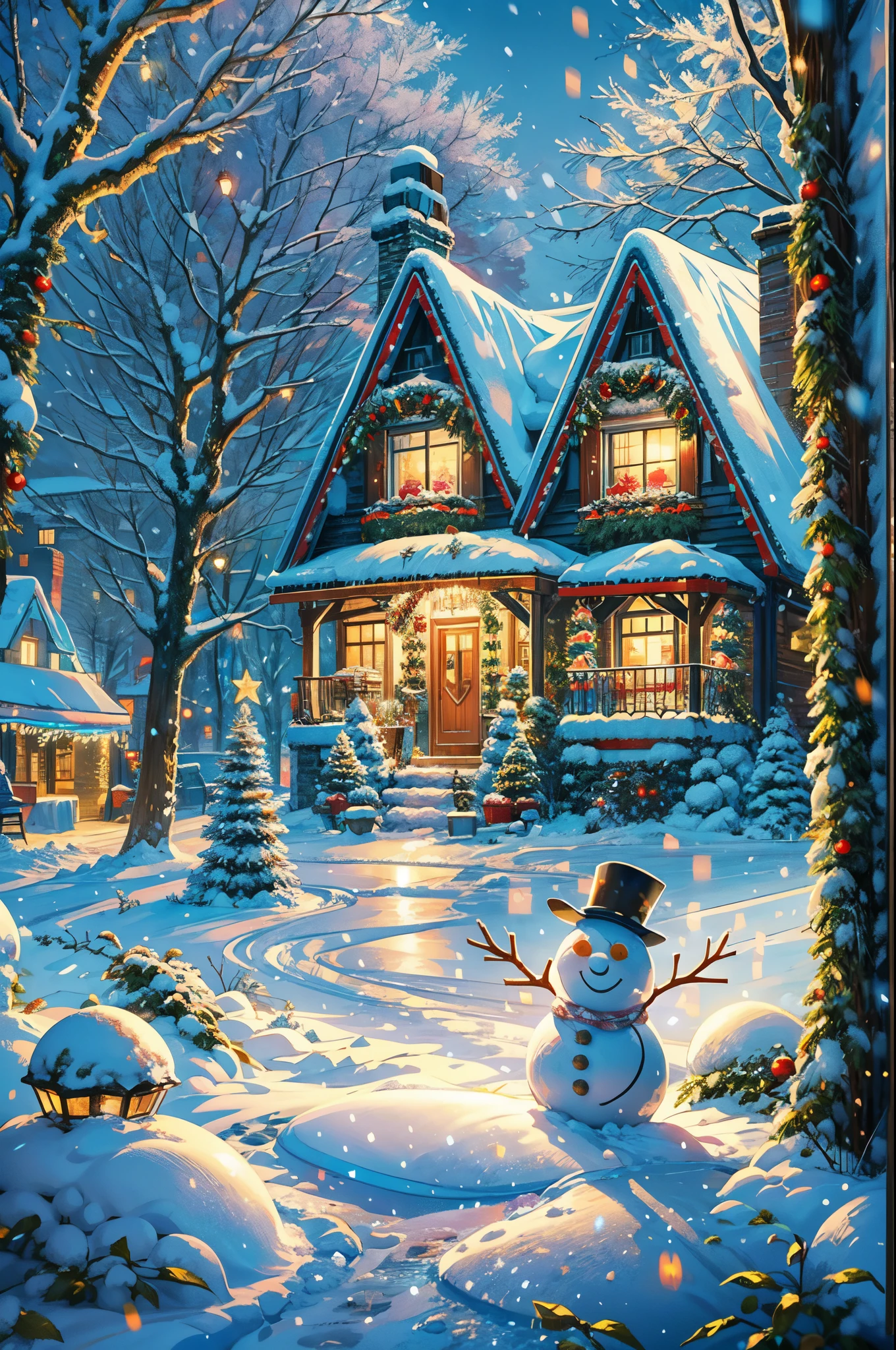 "best quality,4k,8k,highres,masterpiece:1.2,ultra-detailed,realistic,photorealistic:1.37,impressionistic,soft colors,vibrant,artistic illumination,Christmas theme,snow-covered landscape,tall evergreen trees,sparkling snowflakes,detailed winter scenery,frosty air,magical atmosphere,cozy winter cabin,smoke rising from chimney,glistening icicles,warm glowing lights,rooftop covered in snow,peaceful winter wonderland,serene beauty,festive holiday decorations,crisp blue sky,warm mittens and scarves,floating snow,steaming mugs of hot cocoa,delicate snowfall,crunching footsteps in the snow,sleigh ride,frozen lake,gleaming winter stars,excitement and joy,wrapped presents under the tree,lively Christmas market,cheerful carolers,enchanting lights and decorations,sculpted snowman in the yard,holiday wreaths,skating on a frozen pond,Winter Queen with a crown of crystals,crackling fireplace,dreamy winter moonlight"