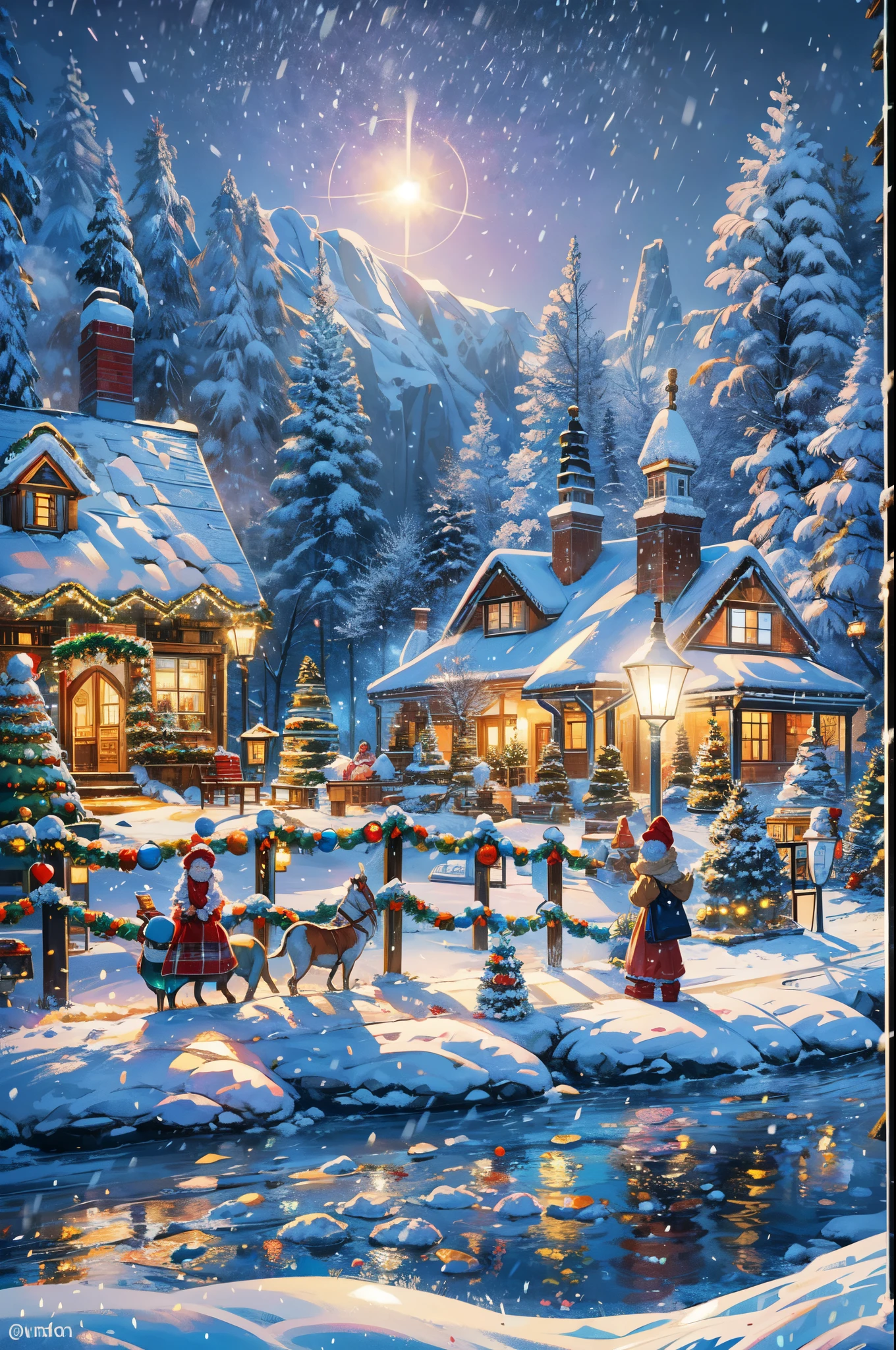(best quality,4k,8k,highres,masterpiece:1.2),ultra-detailed,(realistic,photorealistic,photo-realistic:1.37),colorful winter wonderland,scenic landscape,glistening snow-covered trees,snowflakes falling,sparkling frozen lake,frosty  sculptures,snow-covered mountains,tall evergreen forests,enchanting aurora borealis,dazzling Northern Lights,warm cozy cabin,inviting smoke from the chimney,crisp winter air,fairy lights illuminating the scene,magical atmosphere,golden hour lighting,soft pastel colors,playful squirrels,deer grazing on snowy fields,happy children building snowmen,elegant  skaters on the frozen lake,colorful winter attire,joyful laughter and excitement,tranquil and serene setting,peaceful winter bliss,memorable winter memories,awe-inspiring beauty,immersive winter experience,utmost attention to detail,sublime winter landscape,ethereal and dream-like,enchanted winter wonderland,visually stunning,visually captivating,imagination come to life,vivid and vibrant colors.