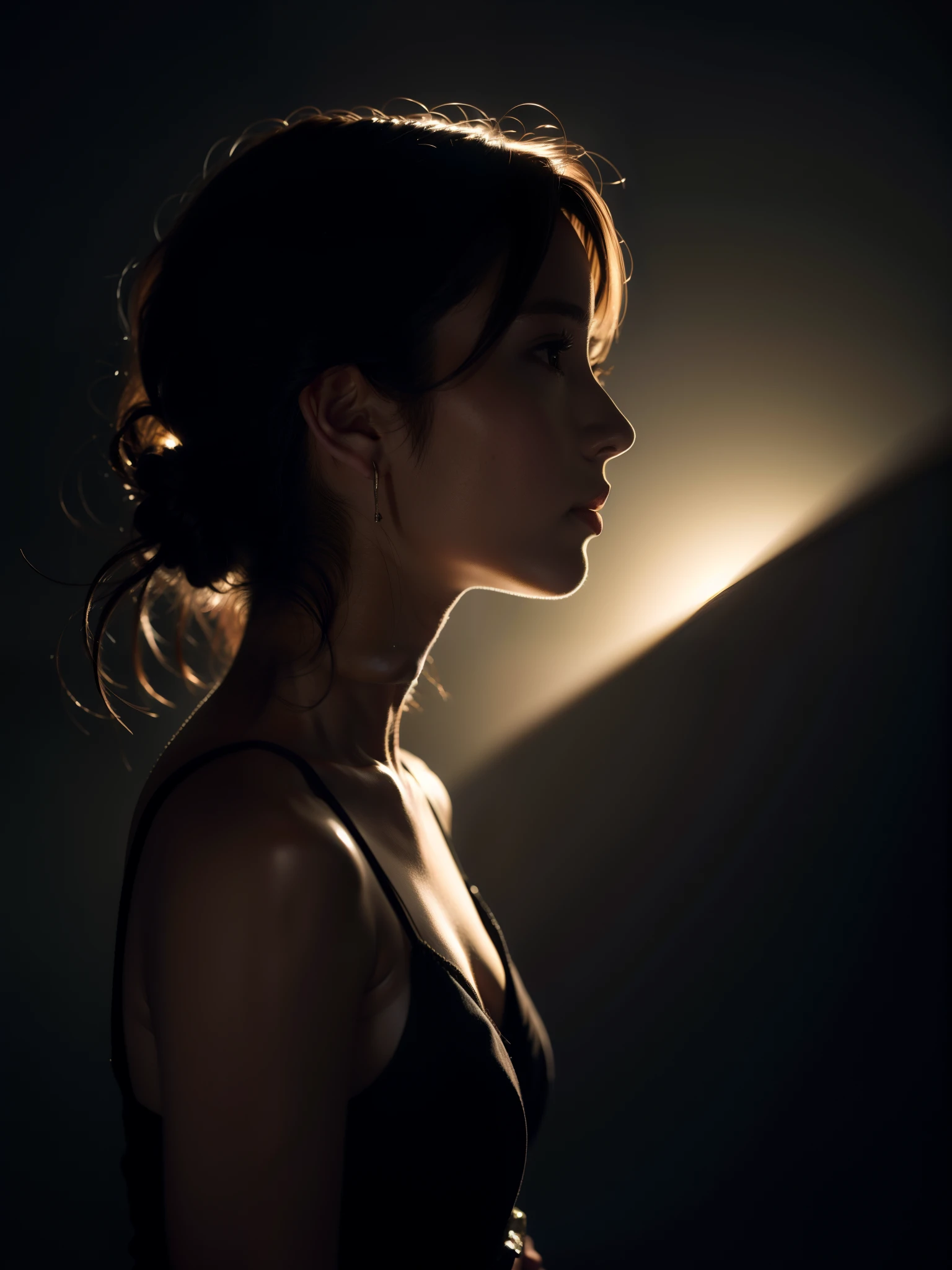 one-girl, deep dark background, contre-Jour, side view