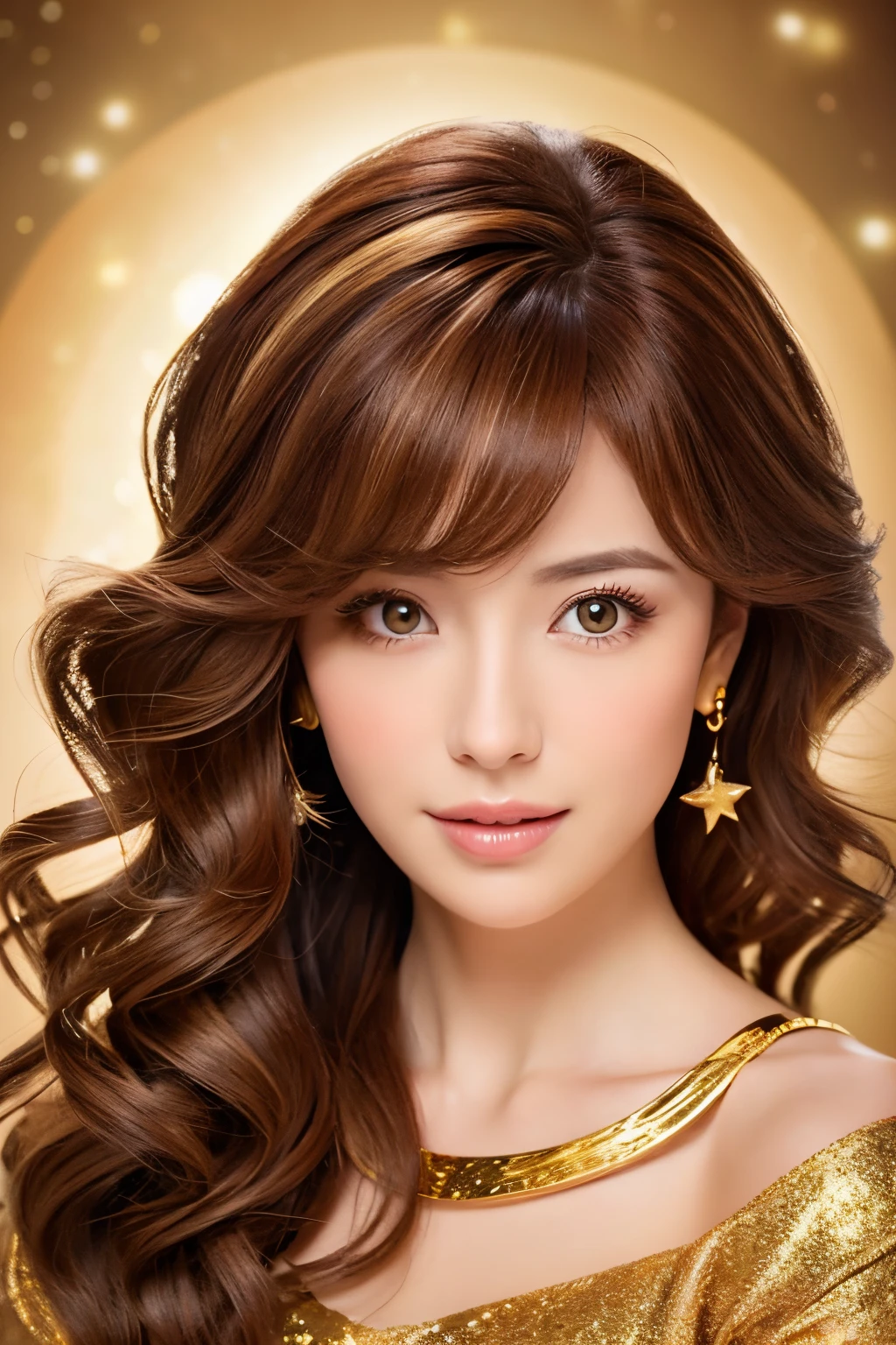 femele、The color used is gold、reddish、Brown is the main color、Warm illustration style、The ends of the woman's hair are curled、Lady style、Christmas Cosplay