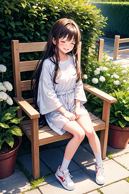 1girl, smiling, long brown hair, blushing, sitting on a chair, oversized white clothes, black shorts, sneakers, garden background, closed eyes, wolf haircut