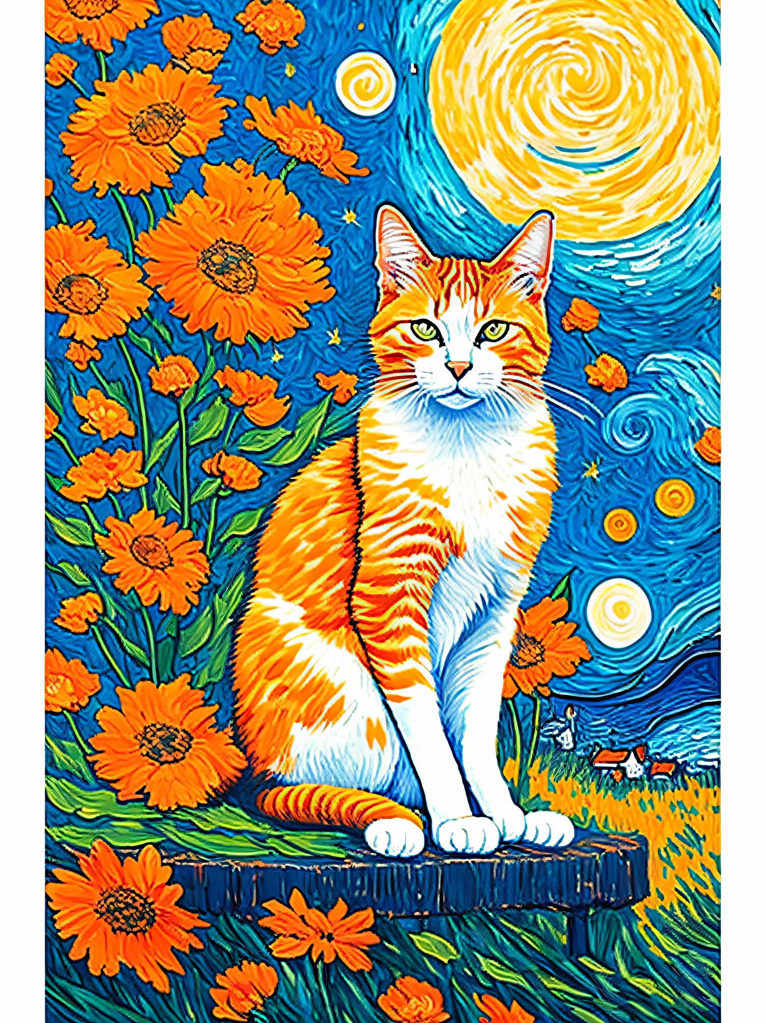 A cat sitting on a flower surface，Painting with full moon as background, van gogh art style, A painting of a cat, Orange cat, drawing of a cat, Van Gogh style, Vincent van Gogh style, ginger cat, in cat drawings, Van Gogh style, oil painting of cat, the cat is orange, An orange cat