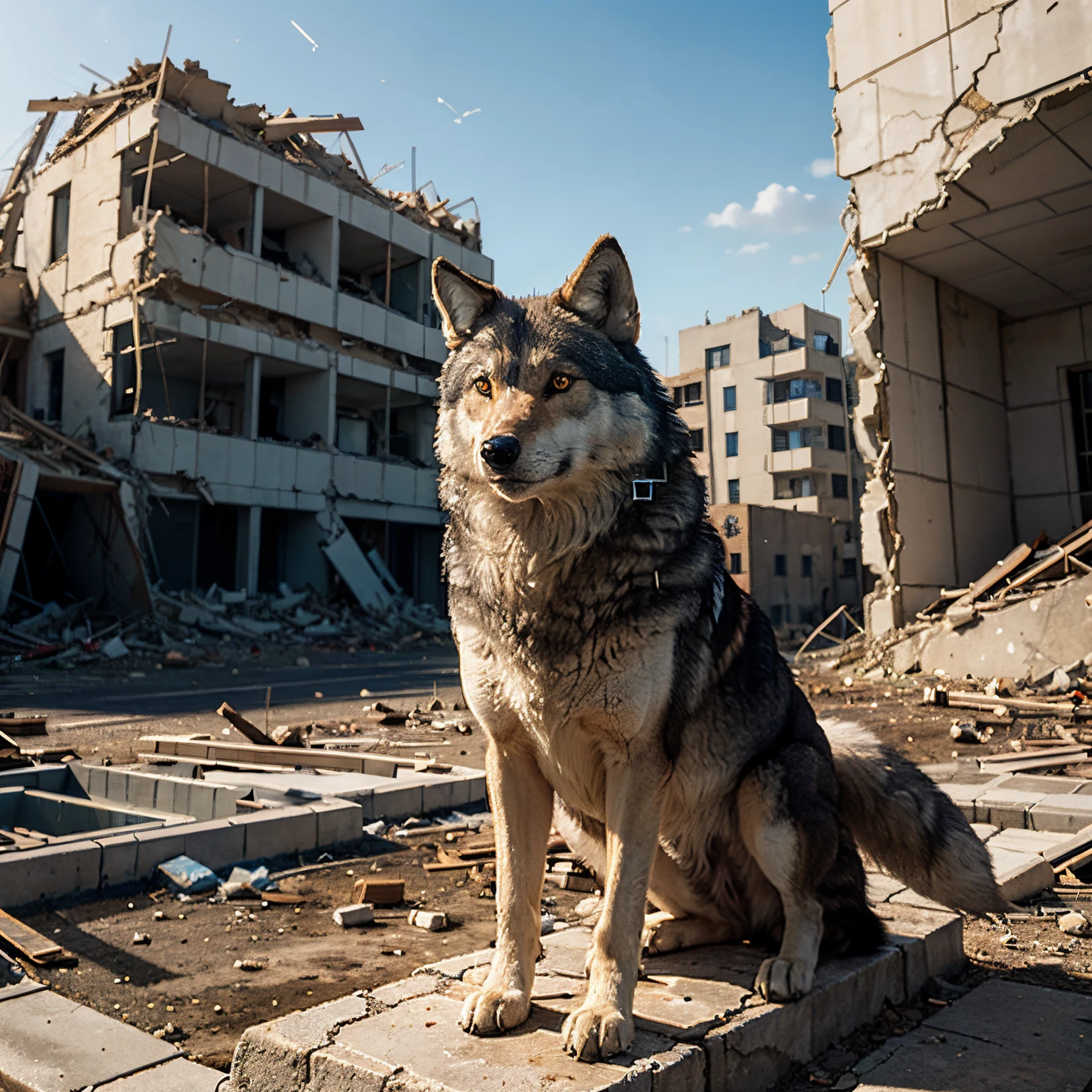 Wolf, anime:1.3, realistic:0.0, building in ruins (in The background), looking at right mirror, in light_spectrum