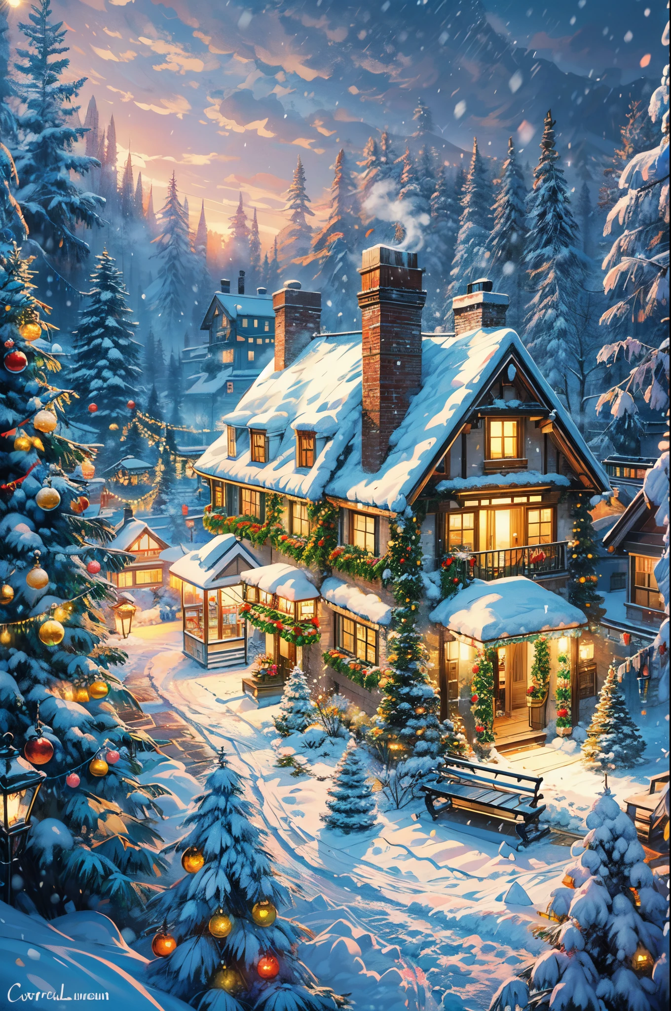 (best quality,4k,8k,highres,masterpiece:1.2),ultra-detailed,(realistic,photorealistic,photo-realistic:1.37),colorful winter wonderland,scenic landscape,glistening snow-covered trees,snowflakes falling,sparkling frozen lake,frosty  sculptures,snow-covered mountains,tall evergreen forests,enchanting aurora borealis,dazzling Northern Lights,warm cozy cabin,inviting smoke from the chimney,crisp winter air,fairy lights illuminating the scene,magical atmosphere,golden hour lighting,soft pastel colors,playful squirrels,deer grazing on snowy fields,happy children building snowmen,elegant  skaters on the frozen lake,colorful winter attire,joyful laughter and excitement,tranquil and serene setting,peaceful winter bliss,memorable winter memories,awe-inspiring beauty,immersive winter experience,utmost attention to detail,sublime winter landscape,ethereal and dream-like,enchanted winter wonderland,visually stunning,visually captivating,imagination come to life,vivid and vibrant colors.