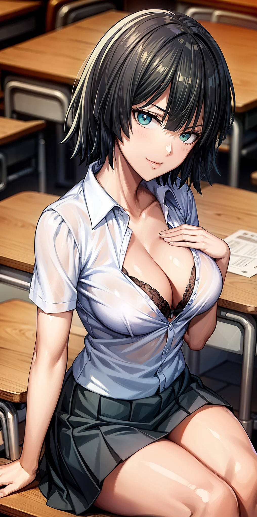 Anime style, Painting, absurderes、perfect anatomia、Fubuki , bra very、Bra visible from clothes、Braline、breastsout、long hair, ‎Classroom、cleavage of the breast、鎖骨、desk、From above、medium breasts, on desk, pleatedskirt, School Desk, student clothes, see -through, The shirt, sitting on, Sitting on a desk, skirt by the, 独奏, thighs thighs thighs thighs, red blush, ssmile