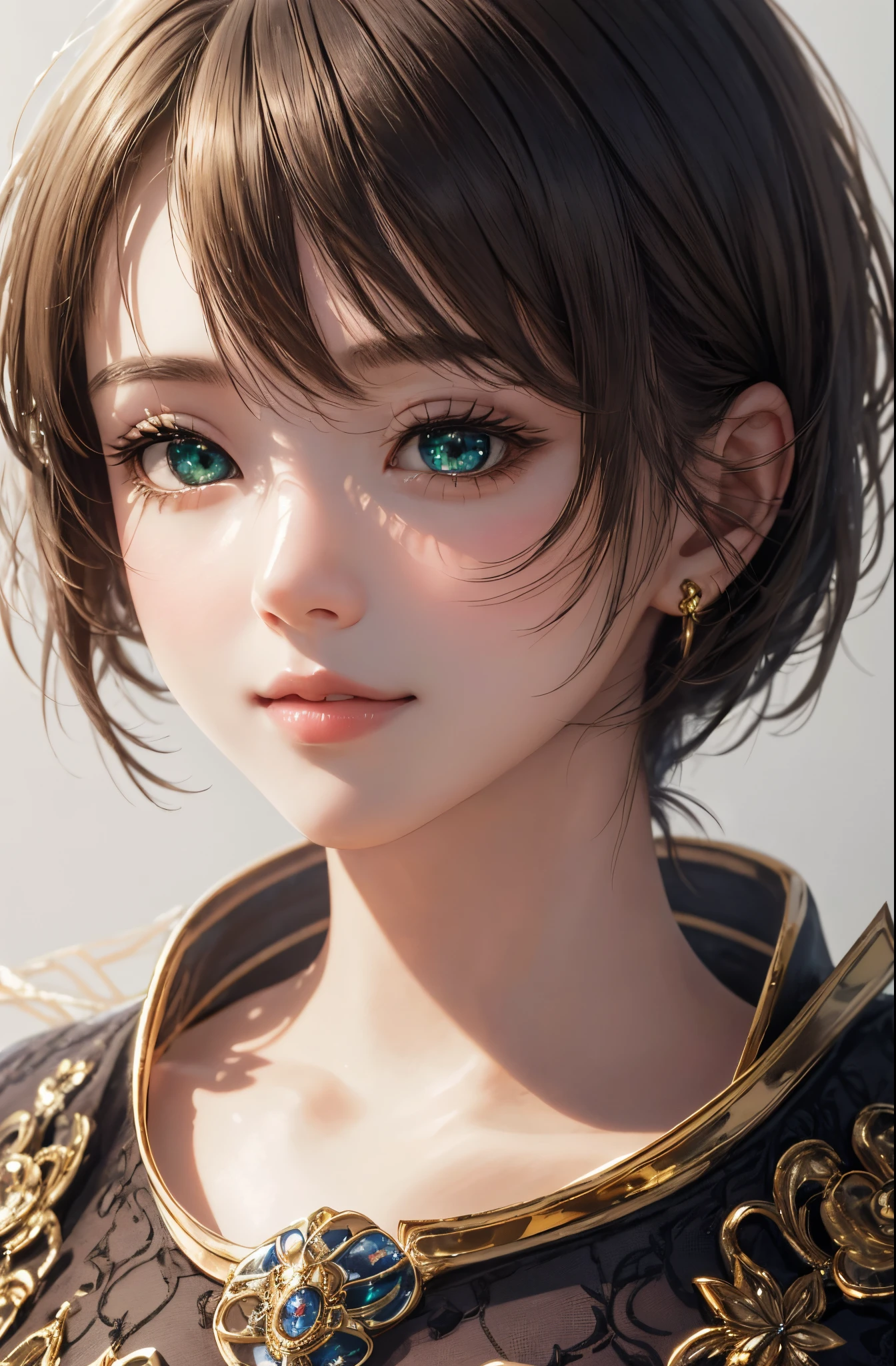 8K、realphoto、超A high resolution, Master Parts, Best Quality, nffsw , cinematic images,Lovely girl、ann、16 only、Anglo-Saxon、二重まぶた、drooing eyes、Very big eyes、Eyes are green、Dark eye shadow、The lips are very thin、The tip of the nose stretches beautifully.....、nose tip is small,,,,, ighly detailed , Dark gold hair、Straight short hair、ssmile、 Sweet look 、a very beautiful woman、legs are long、 Very clear shadows , jewely , A sexy , A detailed eye, very intricate, shiny skins , Perfect Brilliant, Perfect Lighting, Dramatic shadows、See-through white dress