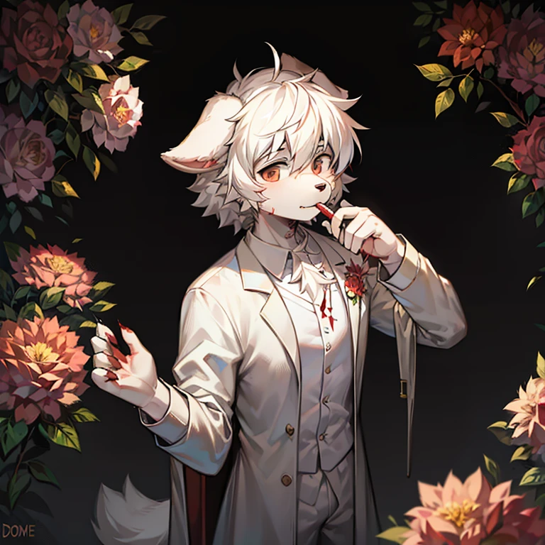 male dog ears，shaggy，White hair，the doctor，The thin white surgical gown is open，clothes stained with blood，Holding a bloody flower in hand，the only person