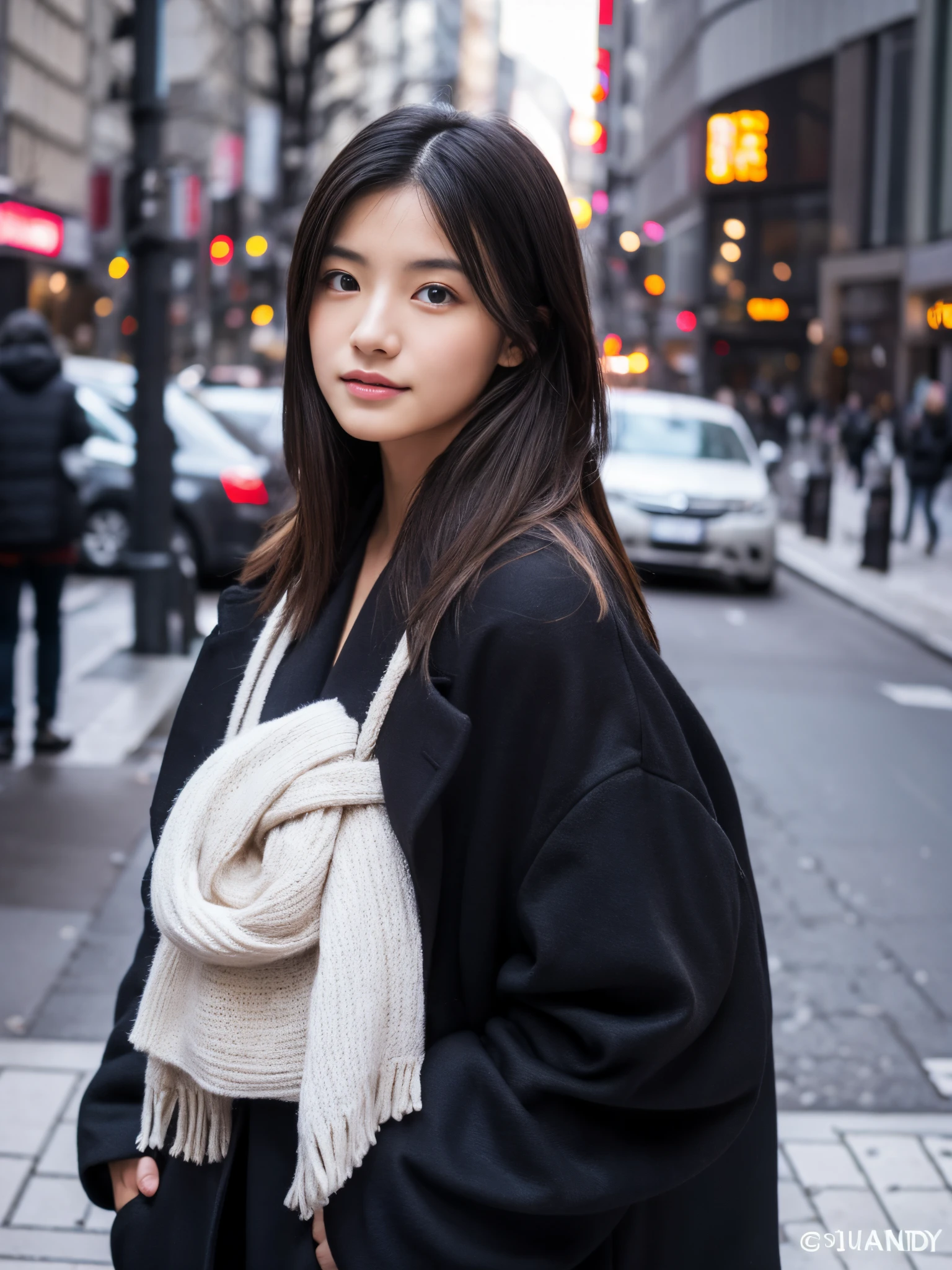Photorealsitic, 8k full-length portraits, Beautuful Women, A charming expression, sixteen years old, TOKYOcty, Winters, Shibuya in the background