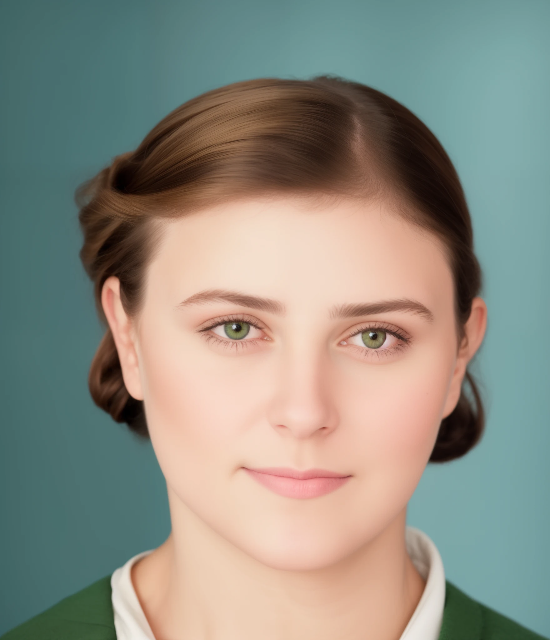 there is a woman in a green sweater and a white shirt, rosto restaurado realista, retrato colorido detalhado, rendering of close up portrait, retrato feminino realista, retrato colorido, retrato digital, Realistic portrait, realistic studio portrait, rosto realisticamente renderizado, rosto feminino jovem, Retrato de Sanna Marin, retrato facial, retrato detalhado, Retrato do humanoide feminino