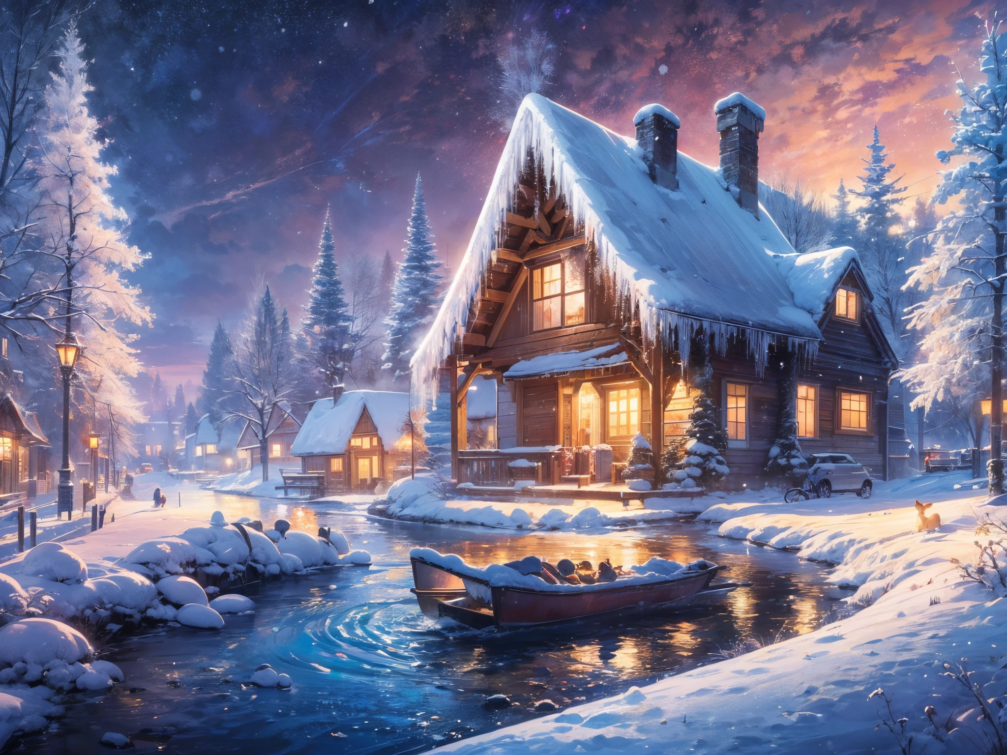 (best quality,4k,8k,highres,masterpiece:1.2),ultra-detailed,(realistic,photorealistic,photo-realistic:1.37),colorful winter wonderland,scenic landscape,glistening snow-covered trees,snowflakes falling,sparkling frozen lake,frosty ice sculptures,snow-covered mountains,tall evergreen forests,enchanting aurora borealis,dazzling Northern Lights,warm cozy cabin,inviting smoke from the chimney,crisp winter air,fairy lights illuminating the scene,magical atmosphere,golden hour lighting,soft pastel colors,playful squirrels,deer grazing on snowy fields,happy children building snowmen,elegant ice skaters on the frozen lake,colorful winter attire,joyful laughter and excitement,tranquil and serene setting,peaceful winter bliss,memorable winter memories,awe-inspiring beauty,immersive winter experience,utmost attention to detail,sublime winter landscape,ethereal and dream-like,enchanted winter wonderland,visually stunning,visually captivating,imagination come to life,vivid and vibrant colors.