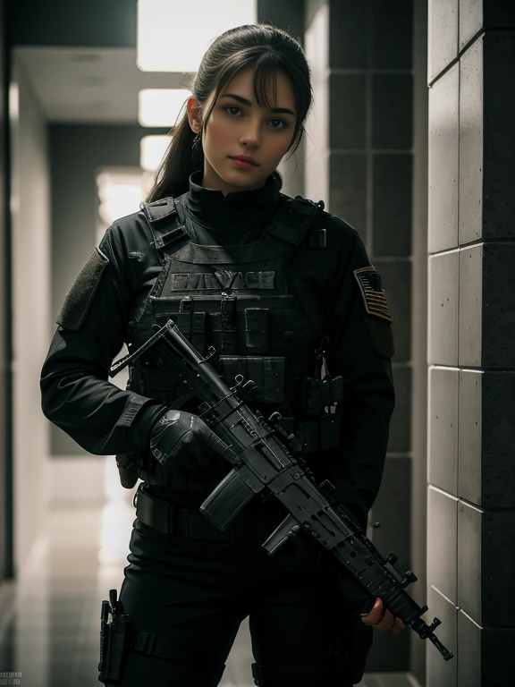 ((best quality)), ((masterpiece)), (detailed), beautiful lighting, best quality, realistic, full body portrait, real picture, intricate details, depth of field, 1girl, A very muscular solider girl with long haircut, around 20 years old wearing a black uniform holding a gun in the hallway, wearing Swat tactical gear, photography of a techwear woman, dressed in Swat tactical armor, black Swat tactical gear, Tactical vest and holster, Beautiful Female Soldier, Holding a rifle, closeup portrait shot, Have an MP7, holding rifle, special forces security, airsoft cqb, highly-detailed, perfect face, blue eyes, lips, wide hips, small waist, tall, make up, Fujifilm XT3, outdoors, bright day, Beautiful lighting, RAW photo, 8k UHD, film grain, ((bokeh))