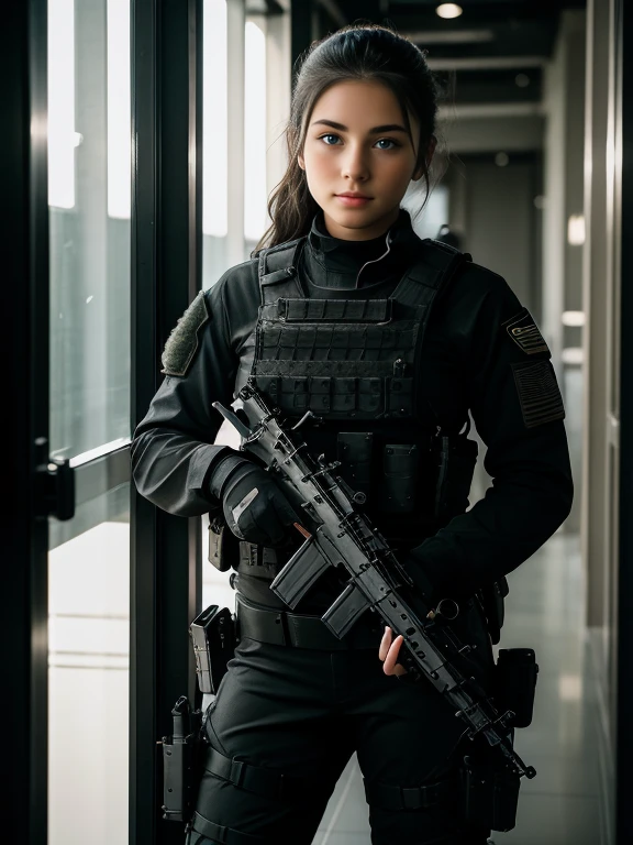 ((best quality)), ((masterpiece)), (detailed), beautiful lighting, best quality, realistic, full body portrait, real picture, intricate details, depth of field, 1girl, A very muscular solider girl with long haircut, around 20 years old wearing a black uniform holding a gun in the hallway, wearing Swat tactical gear, photography of a techwear woman, dressed in Swat tactical armor, black Swat tactical gear, Tactical vest and holster, Beautiful Female Soldier, Holding a rifle, closeup portrait shot, Have an MP7, holding rifle, special forces security, airsoft cqb, highly-detailed, perfect face, blue eyes, lips, wide hips, small waist, tall, make up, Fujifilm XT3, outdoors, bright day, Beautiful lighting, RAW photo, 8k UHD, film grain, ((bokeh))