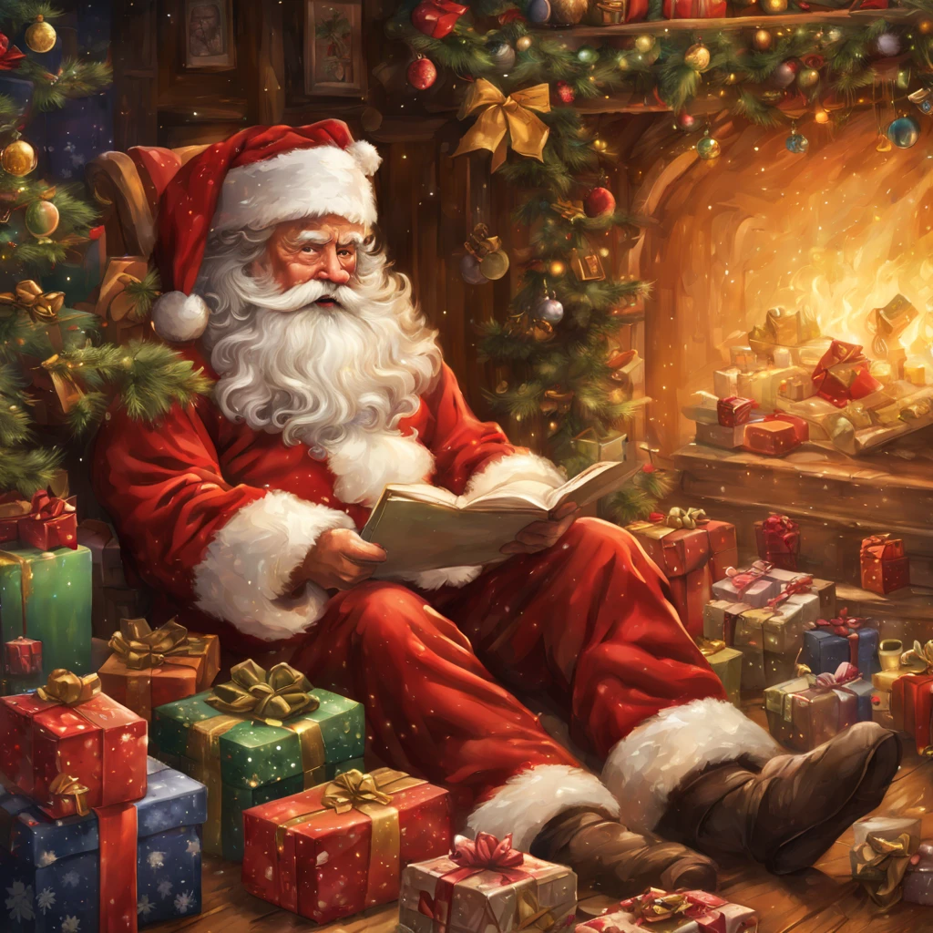 Em uma casa de estilo europeu,Santa Claus is looking at the gift list,Gift decoration christmas tree, Santa, cada,tordo,Elementos natalinos,Estilo Europeu,The floor is full of Christmas presents,Very high resolution, arte tradicional, Santa's Studio, ultrahigh-resolution, illustration, Noite de Natal, extremely high-resolution, Papai Noel em um celeiro do campo, hiper realisitc,primoroso、melhor qualidade、hiper-detalhado、fim、Detalhes de posicionamento、Colorido colorido