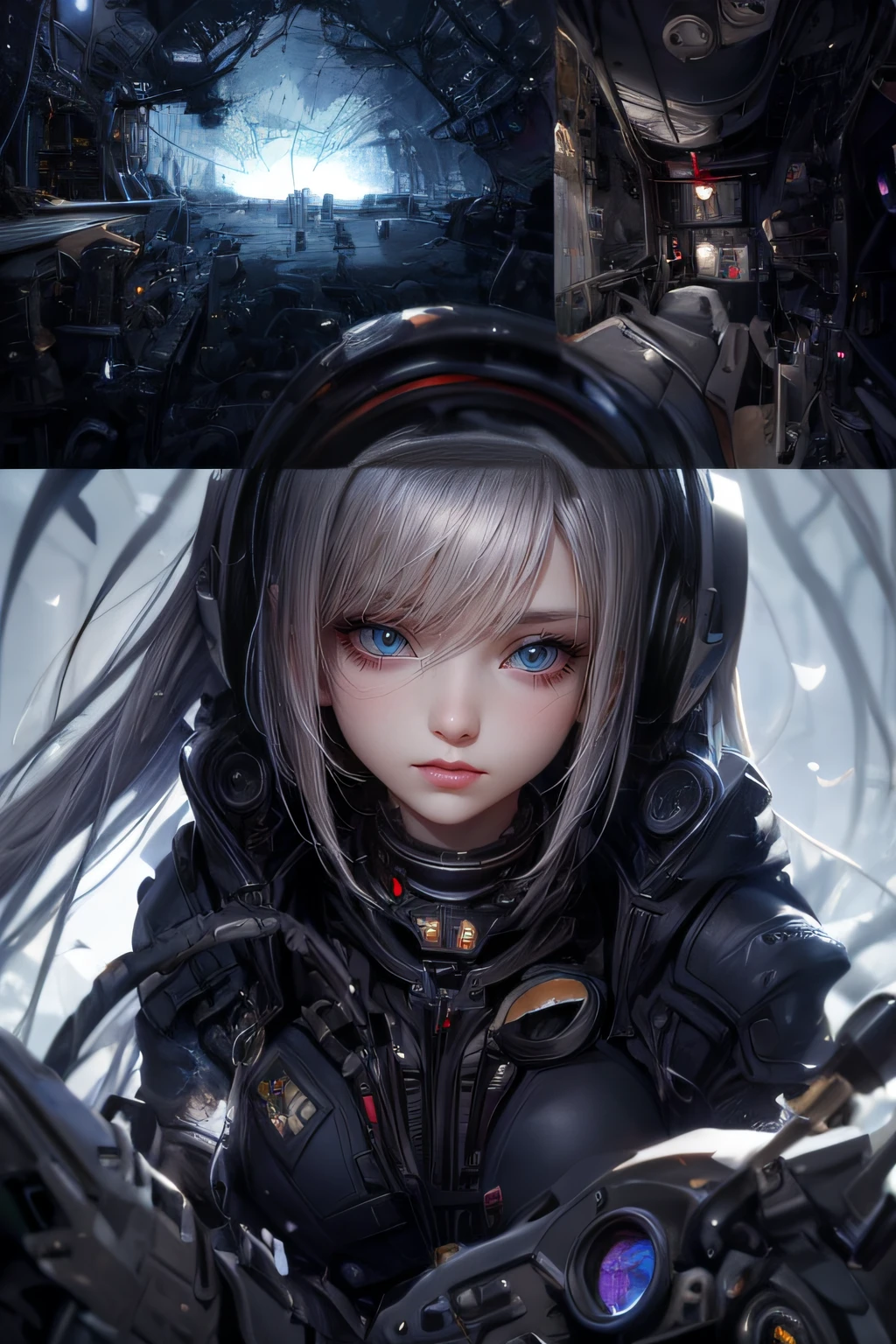 ticker mechanism, Beautiful eyes, Upper body, (Mechanic Armor), Portrait、abyss、Shooting with a wide-angle lens,Lightning from Kaleidoscope Hand、flying though the air、flawless、Neon light, 8K, raw, Best Quality, masutepiece, 超A high resolution, Colorful, (medium wide shot), (Dynamic perspective), foco nítido , (depth of fields, Bokeh:1.3), extremely detailed eye and face,ninjartist, beautiful detailed eyelashes gold, Trimmed gear:1.2), ((masutepiece, Best Quality)), Detailed background, Inside the spacecraft、Hold your weapon、(Gray hair)、brue eyes、poneyTail、dirty、bio luminescent、lots of crescent moons、Photographed with Canon R5、Dark Fantasy,masterpiece,connected to the plug、spectrum、Space City、Highly detailed beautiful porcelain profile female android face、Complex 3D rendering of a headset、cyborgs、roboticparts、150mm、Beautiful studio soft lights、Rim Light、Vivid details、luxuriouscyberpunk、Ren Hao、surrealistic、Anatomical、face muscles、cable wire microchip、elegent、beatiful backgrounds、Get down on one knee、octan render、HR Giger Style、8K、top-quality、masterpiece、illustratio、extremely delicate and beautiful、ighly detailed、nffsw ,Unity ,wall-,magnifica, Attention to detail, masterpiece,top-quality,Official art,Highly detailed ticker Unity 8K wallpapers、机器人、Silver Halmet、((full body Esbian))