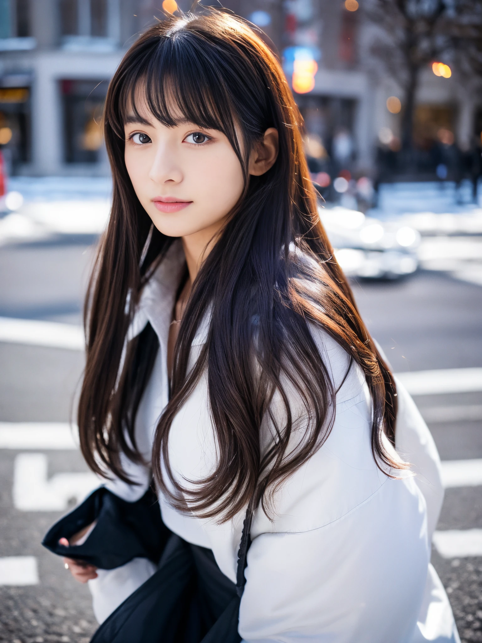 Photorealsitic, 8k full-length portraits, Beautuful Women, A charming expression, , TOKYOcty, Winters, Shibuya in the background