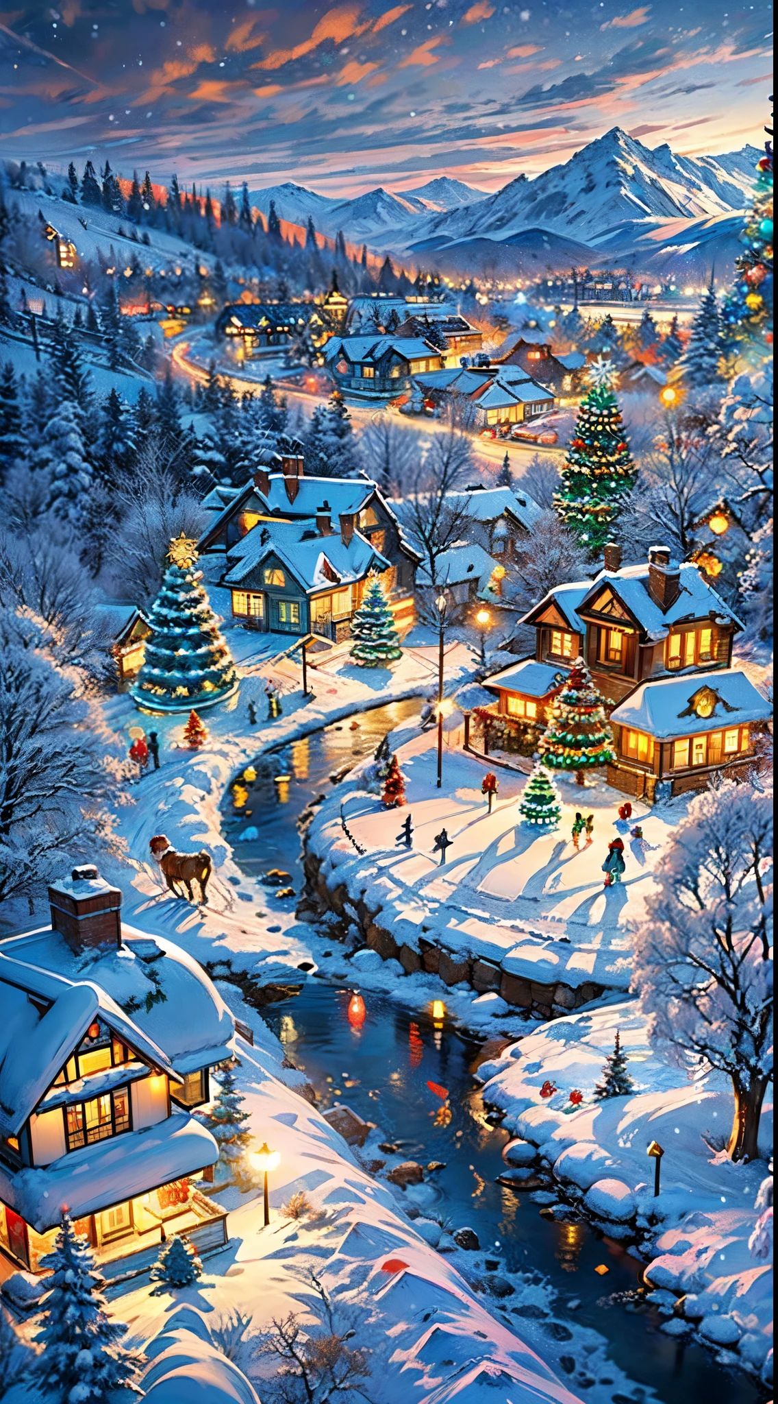 (best quality,4k,8k,highres,masterpiece:1.2),ultra-detailed,(realistic,photorealistic,photo-realistic:1.37),colorful winter wonderland,scenic landscape,glistening snow-covered trees,snowflakes falling,sparkling frozen lake,frosty  sculptures,snow-covered mountains,tall evergreen forests,enchanting aurora borealis,dazzling Northern Lights,warm cozy cabin,inviting smoke from the chimney,crisp winter air,fairy lights illuminating the scene,magical atmosphere,golden hour lighting,soft pastel colors,playful squirrels,deer grazing on snowy fields,happy children building snowmen,elegant  skaters on the frozen lake,colorful winter attire,joyful laughter and excitement,tranquil and serene setting,peaceful winter bliss,memorable winter memories,awe-inspiring beauty,immersive winter experience,utmost attention to detail,sublime winter landscape,ethereal and dream-like,enchanted winter wonderland,visually stunning,visually captivating,imagination come to life,vivid and vibrant colors.