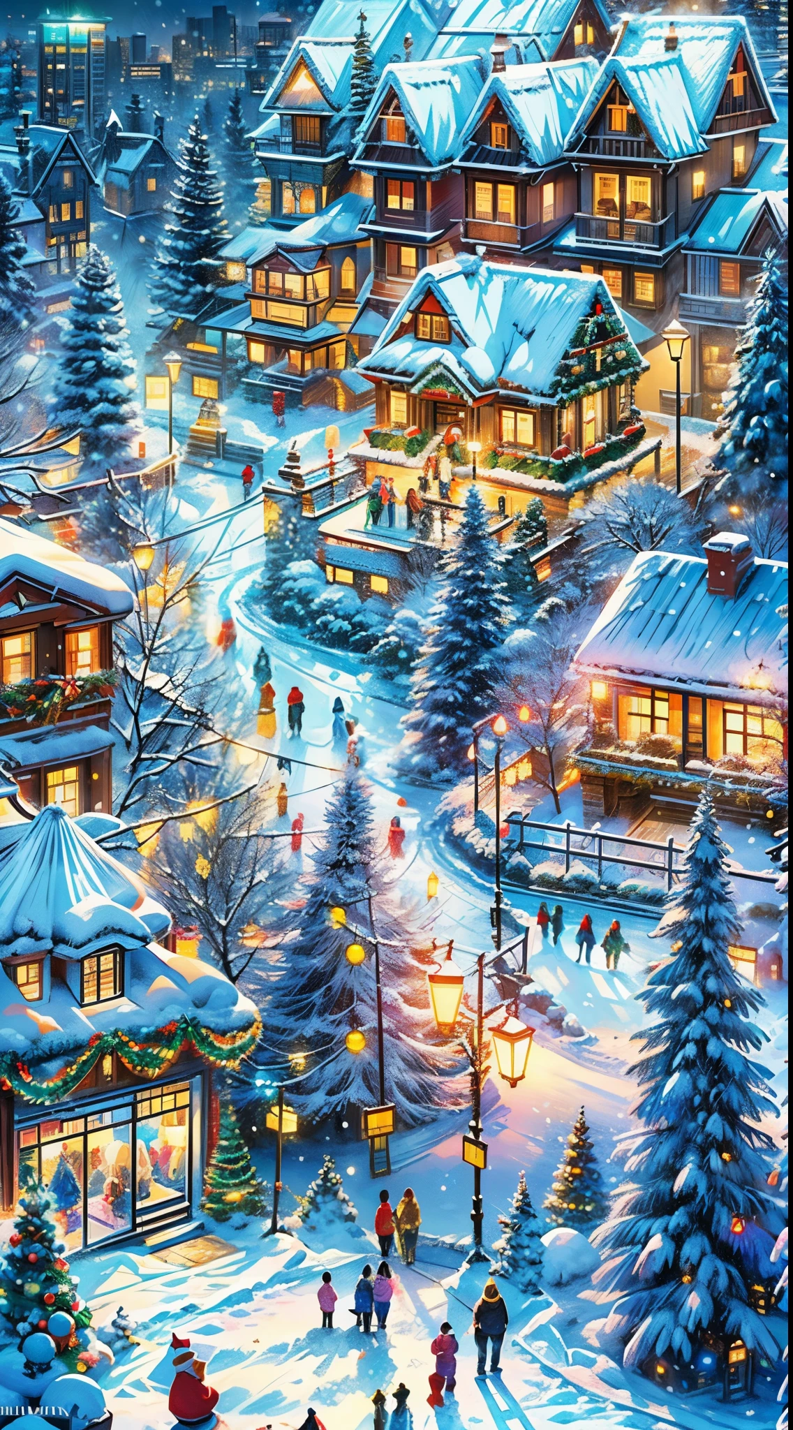 (highres:1.2),(best quality,4k,8k),(vivid colors),(realistic,photorealistic,photo-realistic:1.37),(HDR),(ultra-detailed),(snowy),(nighttime),(magical),(festive),(winter wonderland),(Christmas-themed),(cozy),(smoke rising from chimneyeautifully decorated fir trees),(people  skating on a frozen lake),(well-lit houses with colorful lights),(snow-covered rooftops),(children building snowmen),(soft falling snowflakes),(crisp air),(festive decorations),(traditional Christmas carols playing),(warm glow from windows),(sparkling icicles),(joyful laughter),(snow-covered pathestive wreaths),(children happily opening presents),(Santa Claus delivering giftouthwatering aroma of freshly baked cookieamily gatherings),(children writing letters to Santa),(crackling fireplaces),( sculptures),(glittering snow crystals),(hot cocoa),(delicate snowflakes),(twinkling stars),(shimmering moonlight),(rooftop reindeer silhouettes),(glistening snow-covered landscape),(festive spirit in the air),(warm sweaters and cozy scarveriends and family having fun),(peaceful and serene atmosphere)