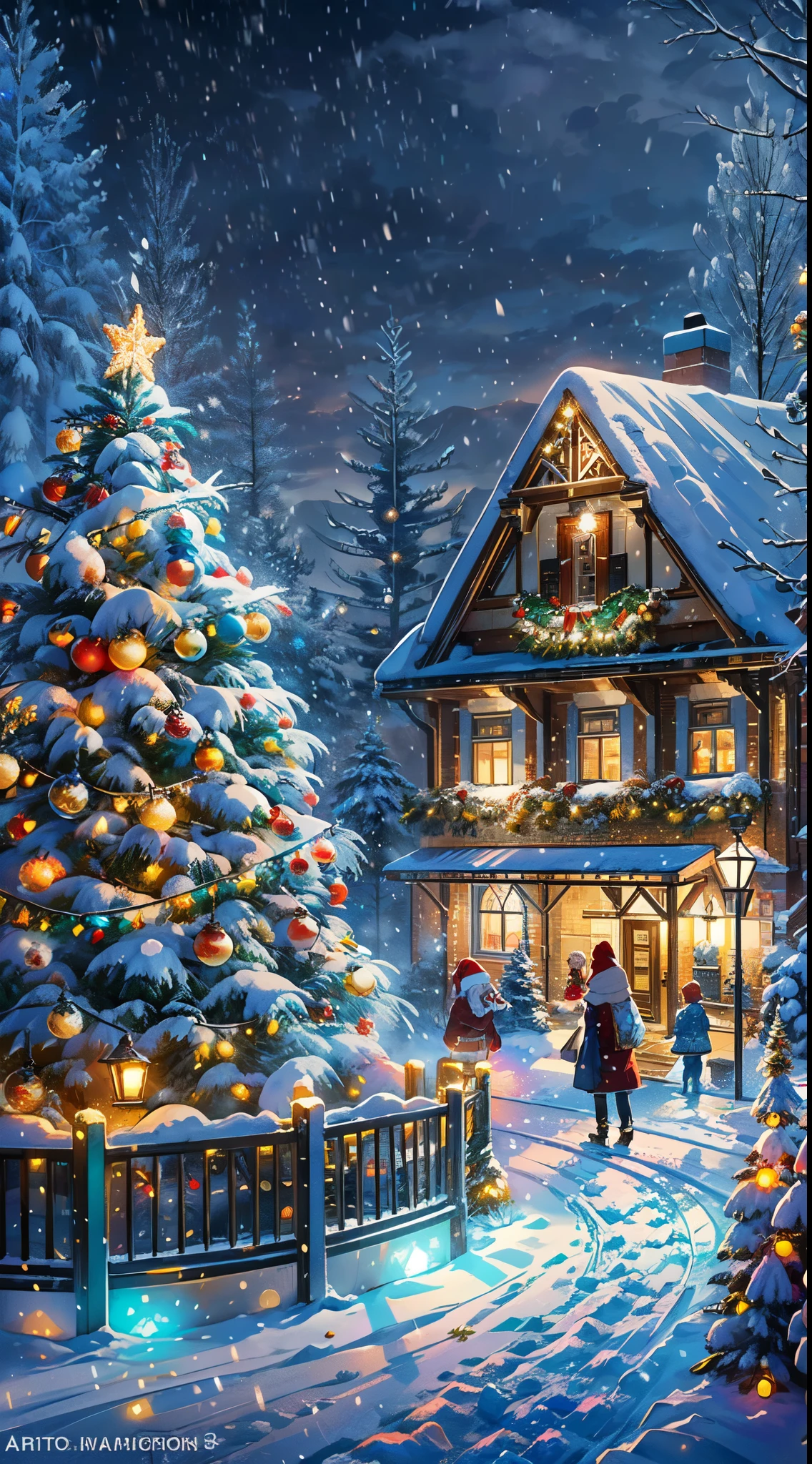 (best quality,4k,8k,highres,masterpiece:1.2),ultra-detailed,(realistic,photorealistic,photo-realistic:1.37),colorful winter wonderland,scenic landscape,glistening snow-covered trees,snowflakes falling,sparkling frozen lake,frosty  sculptures,snow-covered mountains,tall evergreen forests,enchanting aurora borealis,dazzling Northern Lights,warm cozy cabin,inviting smoke from the chimney,crisp winter air,fairy lights illuminating the scene,magical atmosphere,golden hour lighting,soft pastel colors,playful squirrels,deer grazing on snowy fields,happy children building snowmen,elegant  skaters on the frozen lake,colorful winter attire,joyful laughter and excitement,tranquil and serene setting,peaceful winter bliss,memorable winter memories,awe-inspiring beauty,immersive winter experience,utmost attention to detail,sublime winter landscape,ethereal and dream-like,enchanted winter wonderland,visually stunning,visually captivating,imagination come to life,vivid and vibrant colors.