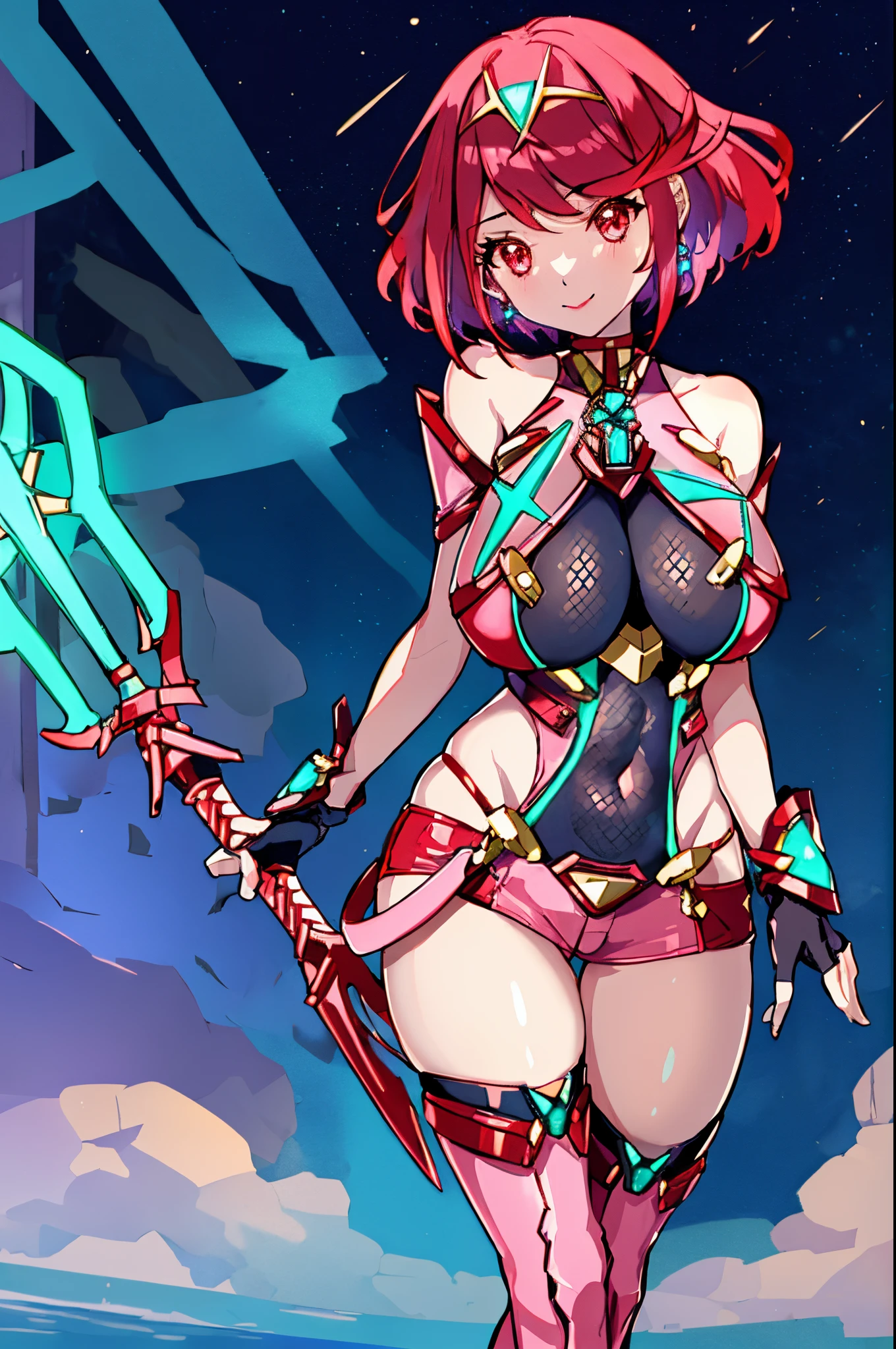 pyra \(xenoblade\), teen_1girl, ****, bangs, black gloves, breasts, red eyes, shout, earrings, eyelashes, fingerless gloves, floating hair, , gem, gloves, hair ornament, headpiece, jewelry, gigantic_breasts, leaning back, swimsuit, neon trim, official art, pose, red hair, saitou masatsugu, short hair, sidelocks, skin tight, solo, swept bangs, thighhighs, tiara, fantasy_town_background, underbust, xenoblade chronicles \(series\), (xenoblade chronicles 2), (spread_legs:1.1), fire_effect,dynamic_pose,fighting,light_smile, (plump:1.1), big_ass,huge_sword, hold_large_sword_hilt, covered_nipples, covered_pussy, fists,beautiful_fingers,(solo:1.1), bare_shoulder,(shoulder_naked:1.2), nipple_jewel,back, back_view, focus_ass,ass, (very_short＿shorts:1.3),(lise_leg:1.4)