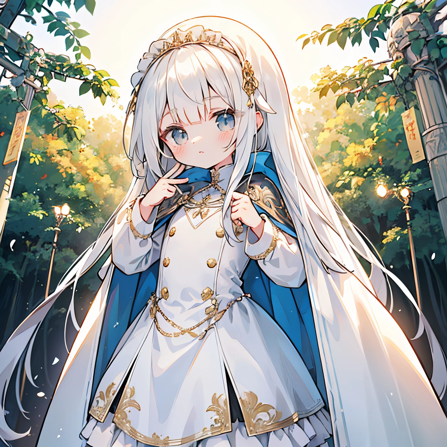 8K, (masutepiece), (High resolution), (Dramatic), (Natural light), (Petite), 1 girl, 年轻, Baby face, flat chest, Petite, White hair, Long hair, (straight hair skin)), Beautiful hair, White clothes, Dress, Long bangs, ((Cape)), White skirt, (military uniform)