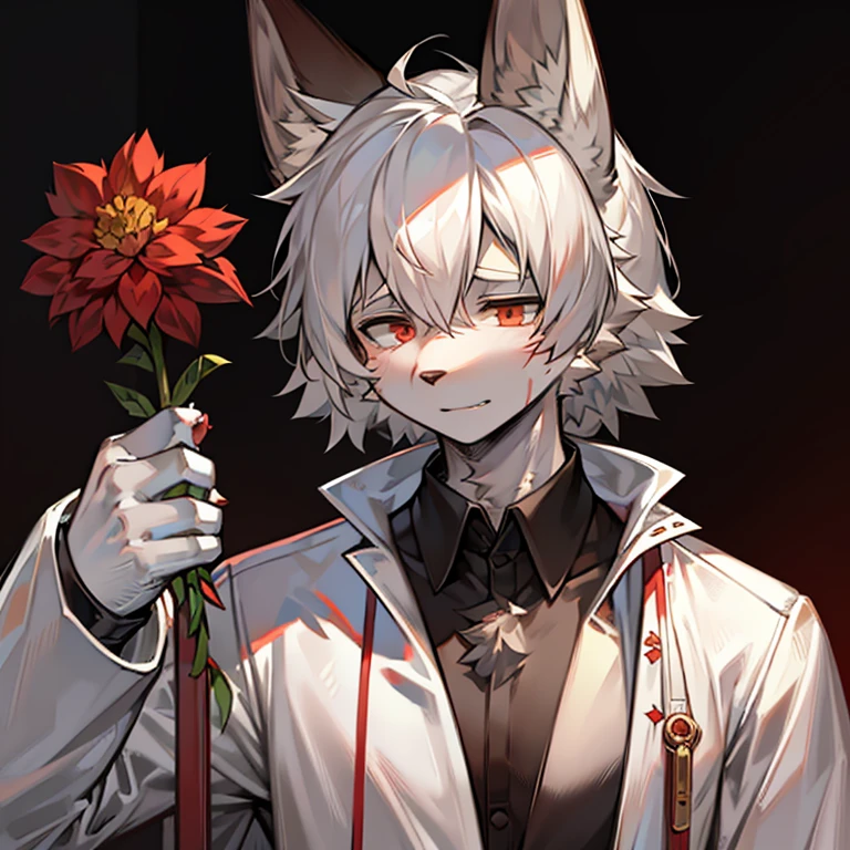 male dog ears,shaggy,White hair,the doctor,The thin white transparent coat is open,clothes stained with blood,Holding a bloody flower in hand,the only person