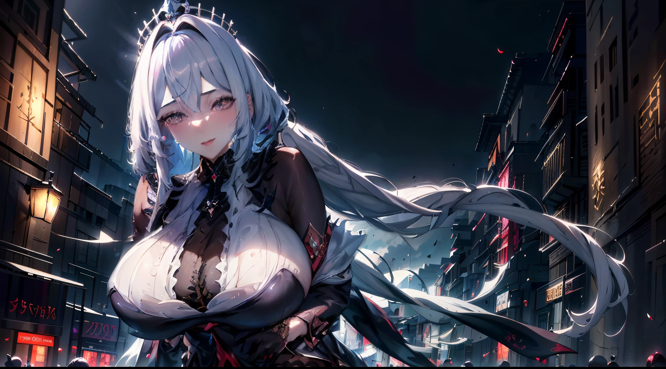 1个Giant Breast Girl,edge lit,黑The eye,multicolored hair, colored inner hair, silver hair, grey hair, white hair,color contact lenses, heterochromia,The upper part of the body,High top fade in and out,Wearing a black dress and tight skirt,Black high quality stockings,Sexy figure, stunning gradient colors, Black red gothic city street background, (tmasterpiece, Best quality at best:1.4),(realisticlying:1.4)(actual, Photorealistic:1.4),8k ultra high definition,超高分辨率,raw,HighDynamicRange,Heavy makeup,happy shy expression,beautiful hands,Black nail polish,Add lace details to clothing,Put on white pantyhose,Perfect nose,Wearing an exquisite and high-quality golden headdress on the head,
