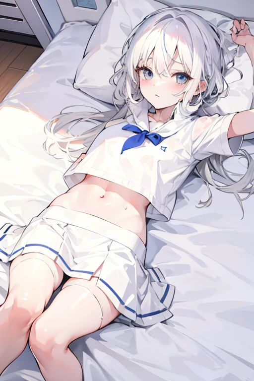 white color hair,Pure white skirt,Lie down in bed,Lots of sweat