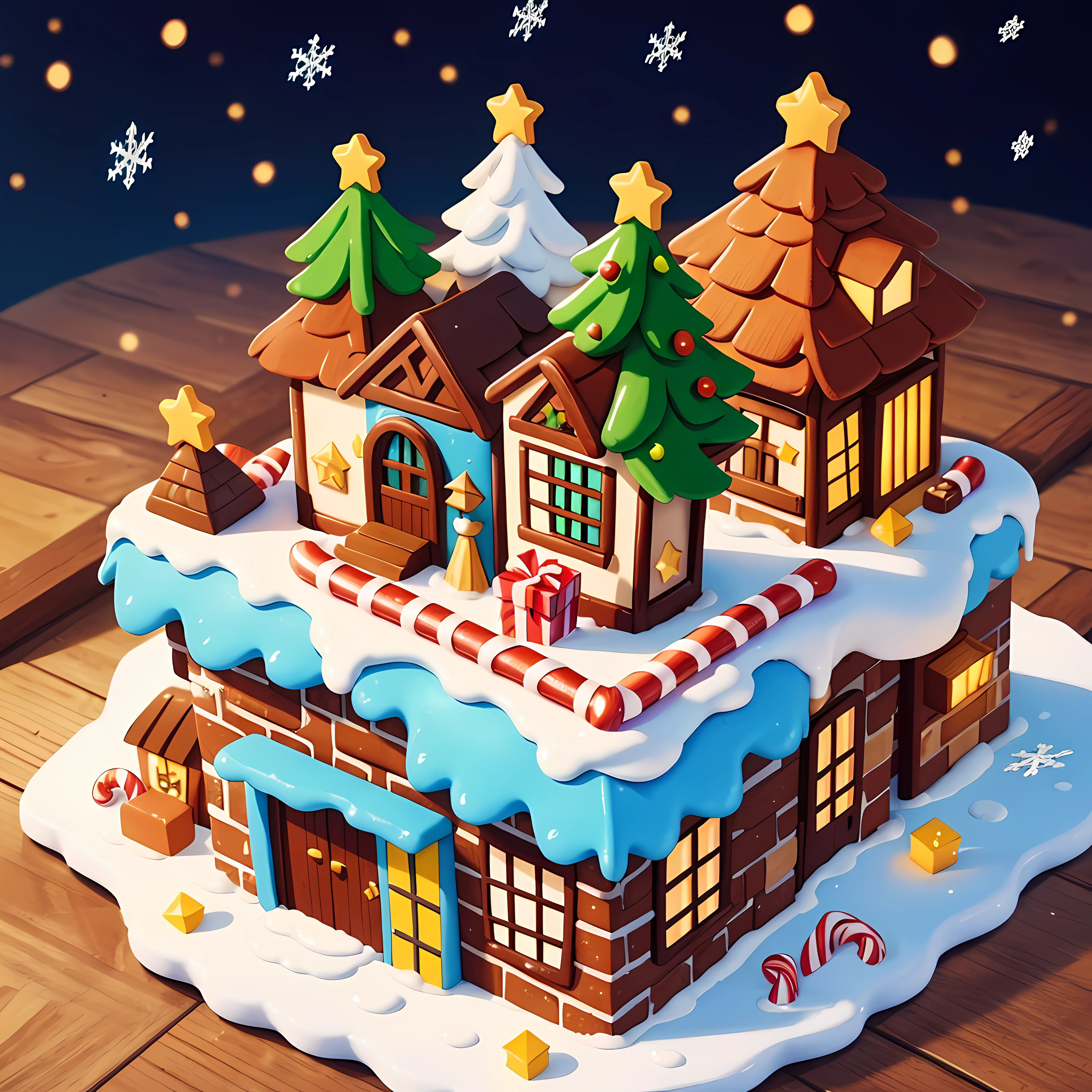 (professional 3D:1.3), (isometric:1.5), design a breathtaking cookie (village), (rooftops adorned with icing and candy canes), (decorated with colorful sprinkles and chocolate chips), ((holiday magic)), river of milk, winter wonderland, (((snowflakes))), warmth, masterpiece, 16k, superb quality, highly detailed, approaching perfection, More Detail