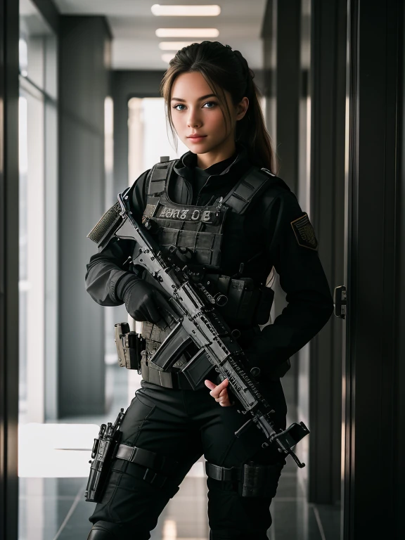 ((best quality)), ((masterpiece)), (detailed), beautiful lighting, best quality, realistic, full body portrait, real picture, intricate details, depth of field, 1girl, A very muscular solider girl with long haircut, around 20 years old wearing a black uniform holding a gun in the hallway, wearing Swat tactical gear, photography of a techwear woman, dressed in Swat tactical armor, black Swat tactical gear, Tactical vest and holster, Beautiful Female Soldier, Holding a rifle, closeup portrait shot, Have an MP7, holding rifle, special forces security, airsoft cqb, highly-detailed, perfect face, blue eyes, lips, wide hips, small waist, tall, make up, Fujifilm XT3, outdoors, bright day, Beautiful lighting, RAW photo, 8k UHD, film grain, ((bokeh))