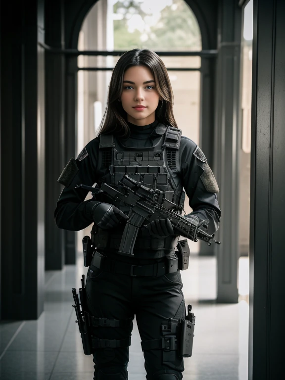 ((best quality)), ((masterpiece)), (detailed), beautiful lighting, best quality, realistic, full body portrait, real picture, intricate details, depth of field, 1girl, A very muscular solider girl with long haircut, around 20 years old wearing a black uniform holding a gun in the hallway, wearing Swat tactical gear, photography of a techwear woman, dressed in Swat tactical armor, black Swat tactical gear, Tactical vest and holster, Beautiful Female Soldier, Holding a rifle, closeup portrait shot, Have an MP7, holding rifle, special forces security, airsoft cqb, highly-detailed, perfect face, blue eyes, lips, wide hips, small waist, tall, make up, Fujifilm XT3, outdoors, bright day, Beautiful lighting, RAW photo, 8k UHD, film grain, ((bokeh))