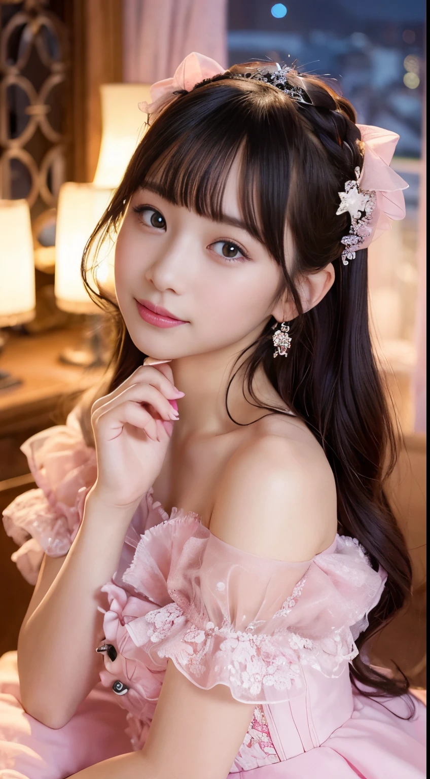 best quality, masterpiece, extremely cute and tender girl, (solo:1.2), (pink detailed princess dress with many frills:1.3), beautiful tender eyes symmetrical, (beautiful and detailed face), (beautiful black hair, topknot), blunt bangs, smile, palace garden
BREAK
“The Princess of the Night Sky” is of a princess who shines like a single star in the dark night. She rules the night sky, and the stars reflect her beauty. Her presence illuminates the silence of the night, bringing a light of hope.