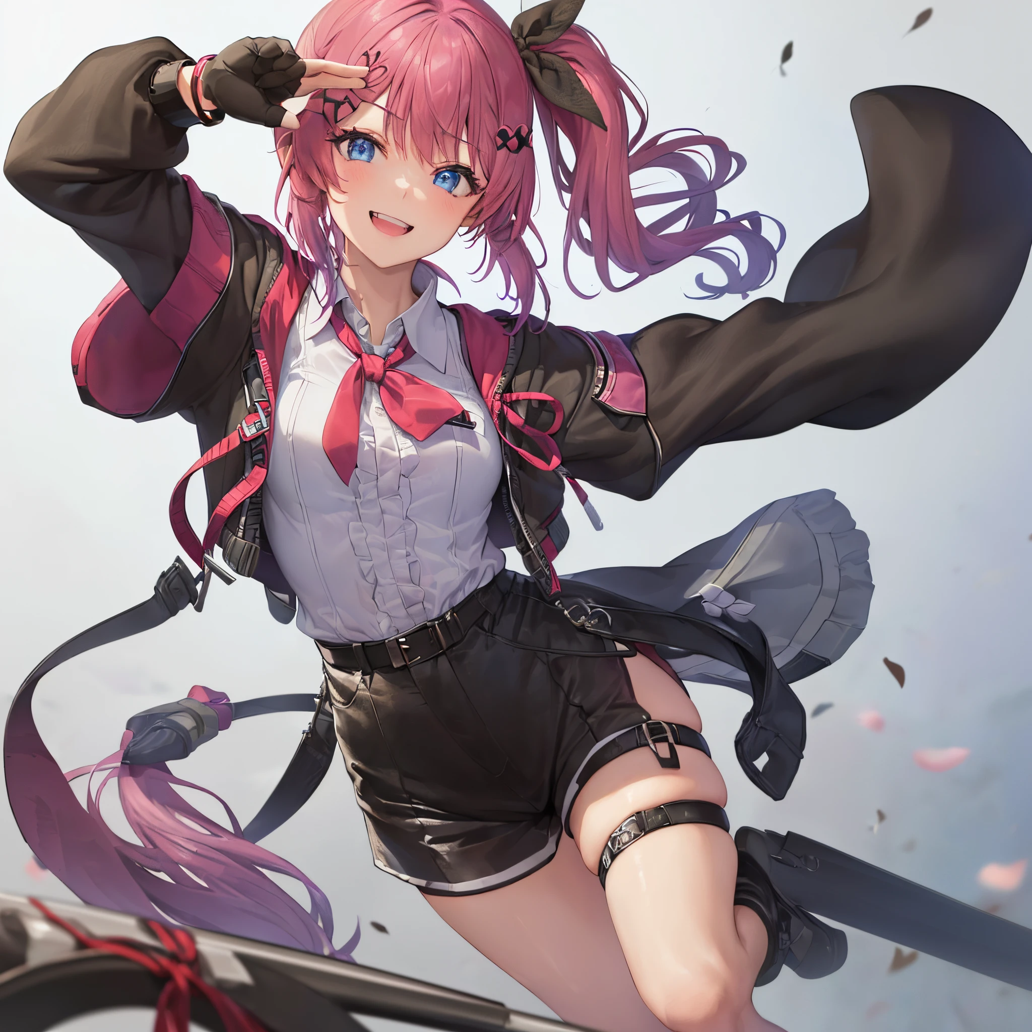 1girl, (masterpiece),(ultra-detailed),(best quality), (beautiful detailed shiny eyes:1.1), (highlight in eyes:1.2), (high saturation:1.1), colorful, sui1, solo, side ponytail, Kuramochi Meruto, fingerless gloves, single thighhigh, jewelry, single sock, thigh strap, bracelet, black pantyhose, buttons, plaid dress, pink choker, black belt, plaid skirt, mini crown, grey skirt, blue ascot, long sleeves, plaid jacket, naughty smile, (white background:1.3), hand to own mouth,