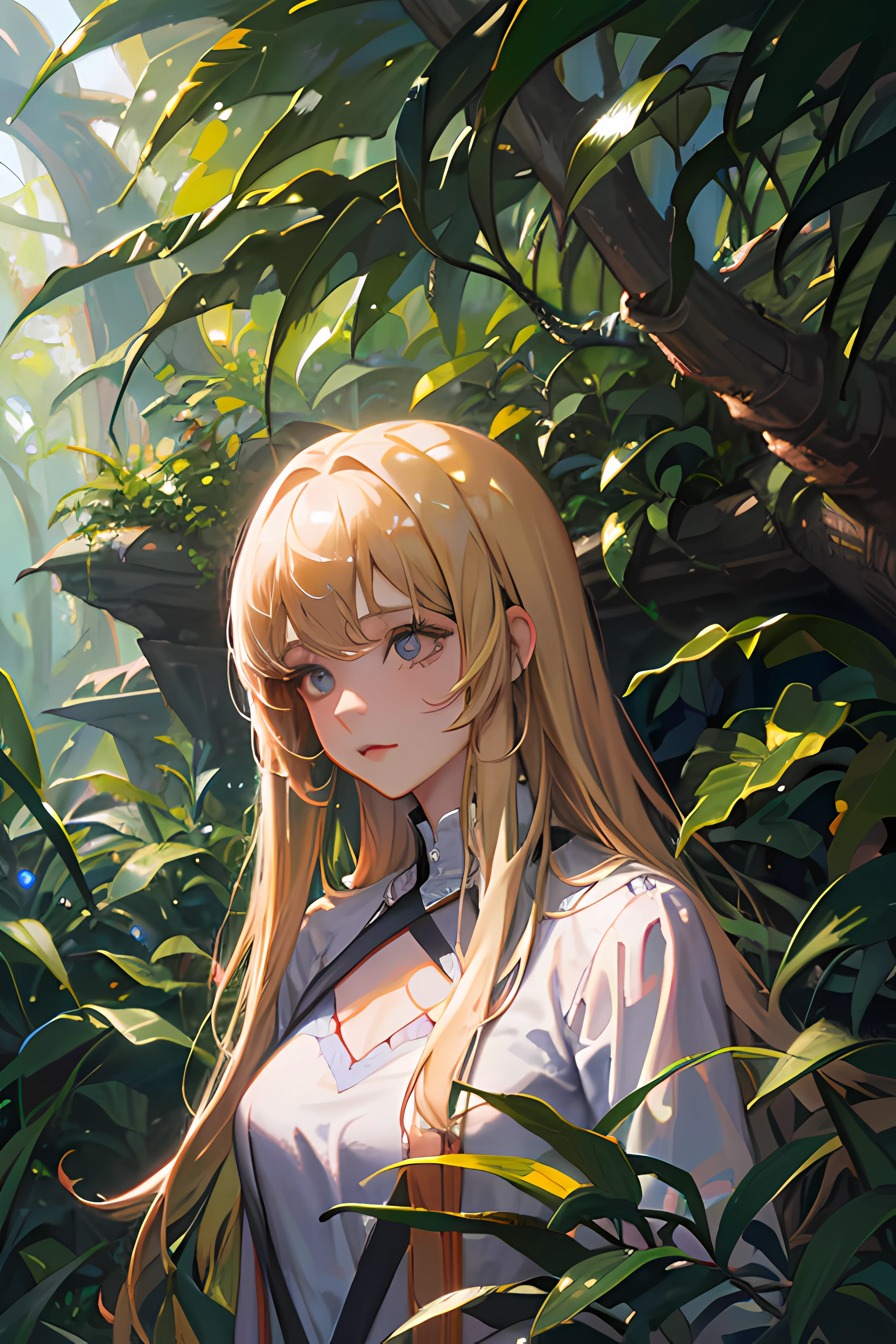 Realistic digital painting of a cute blonde girl in a holy jungle setting. The artwork should capture the innocence and charm of the girl, with vibrant colors and soft brush strokes. The light and shadow should create a mystical atmosphere, emphasizing the divine nature of the jungle. The perspective should showcase the vastness of the jungle, with the girl standing in awe of its beauty. The focal length should be wide, allowing for a panoramic view of the lush greenery and towering trees. The artist should be skilled in creating detailed and lifelike portraits, with a touch of fantasy elements.