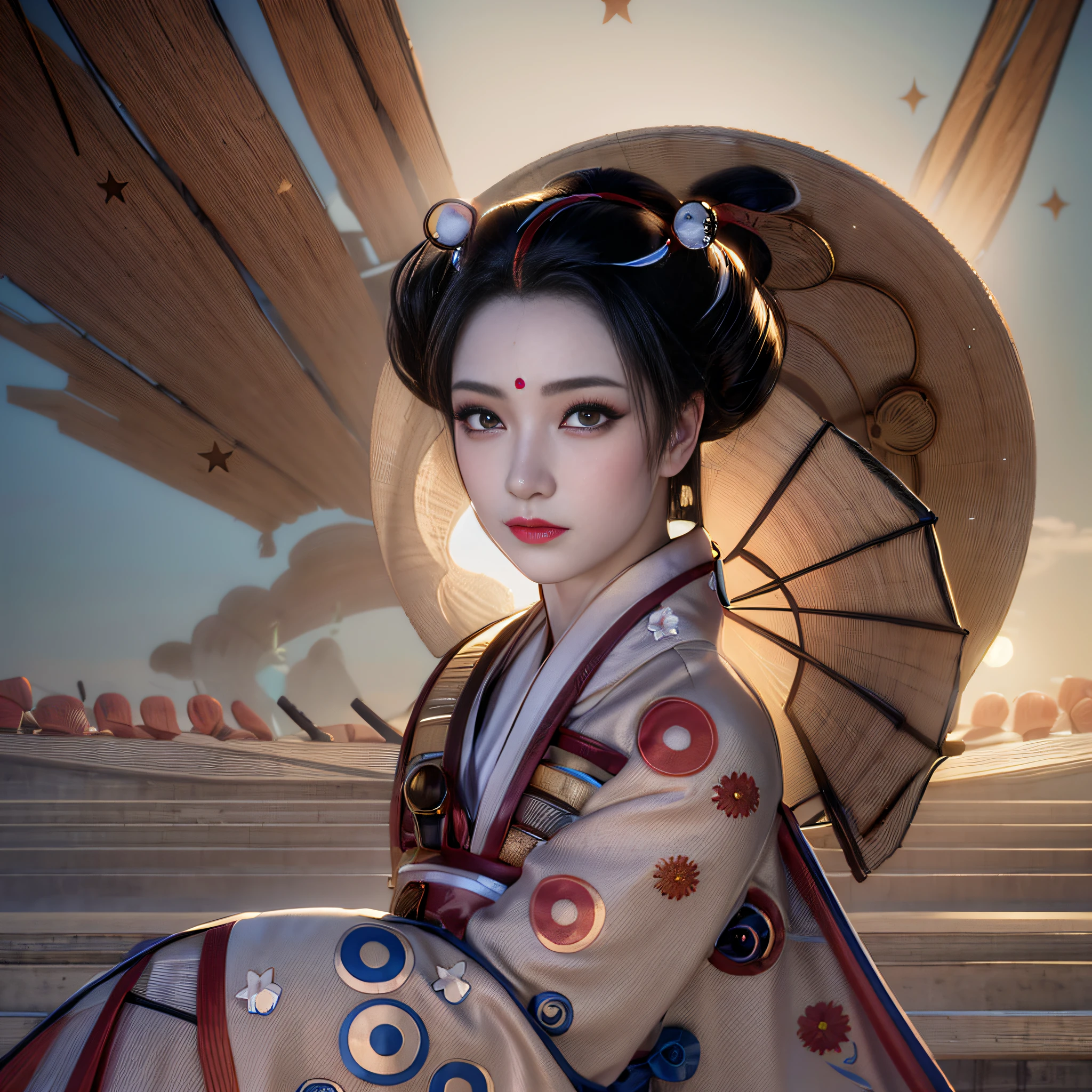 There's a geisha there., With full lips, beautidul eyes, Big and firm breasts, Wear a blue kimono embroidered with flowers., posed, And there was a giant moon behind her, shining brightly., in the form of digitally realistic illustrations, Geisha figure, Beauty Geisha, cute geisha, Japanese Geisha, Realistic image of a beautiful geisha, Beautiful and realistic art, realistic female geisha girl, Inspired by stunning realistic artwork. (Women with (Surface!, hair!, shine, colored!!, Imperfections: 1.1), Highly detailed glowing eyes, (looking at the camera), specular lighting, DSLR, ultra quality, crisp focus, crisp taco, dof, grain of film , (center), Fujifilm XT3, Crystal clear, center of frame, Exquisite Face, crisp focus, Intricate eye details.