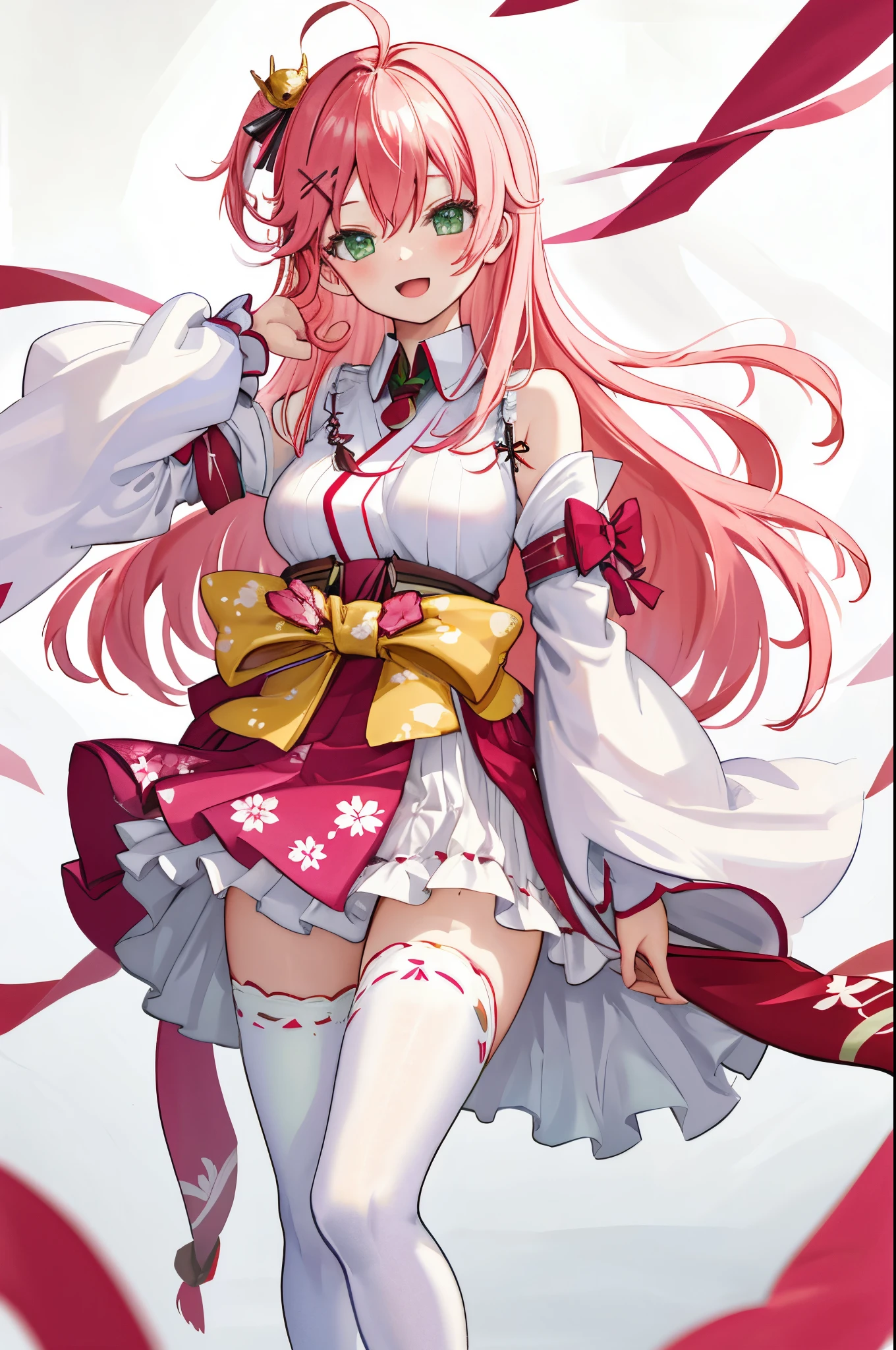masterpiece, best quality, highres, sakura_miko, 1girl, (teen:1.3),medium_breasts, kimono, solo, ahoge, x_hair_ornament, pink_hair, floral print, hairclip,(side_less_clothes:1.3), (side_breasts:1.3), hair_bell, floral print, long_hair, hair between eyes, one side up, white_thighhighs, wide sleeves, open_mouth,(happy:1.3),green_eyes,smile,apart_legs,(overly_long_sleeves:1.3),),sleeves_past_wrists,hands_hidden_sleeves,sidelock_clothes,solo,hidden_wrists,(XD:1.5),covered_nipples,sunlight,(bare_flank:1.3),boots,open_mouth,kimono,close_eyes,apart_legs