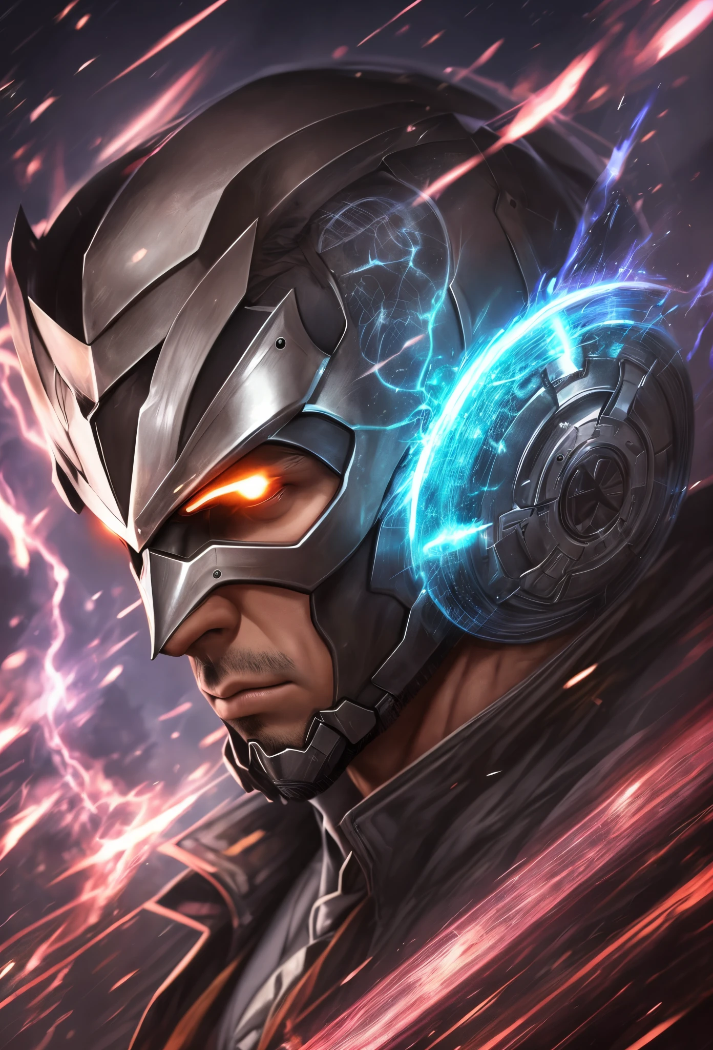Close-up of a man in a suit, holding a sword, Hero pose: colorful city lighting, raziel irl, headband, Full portrait of a magical knight, Epic sci-fi character art, epic fantasy digital art style, Turian, full portrait of electromancer, blue armor --auto --s2